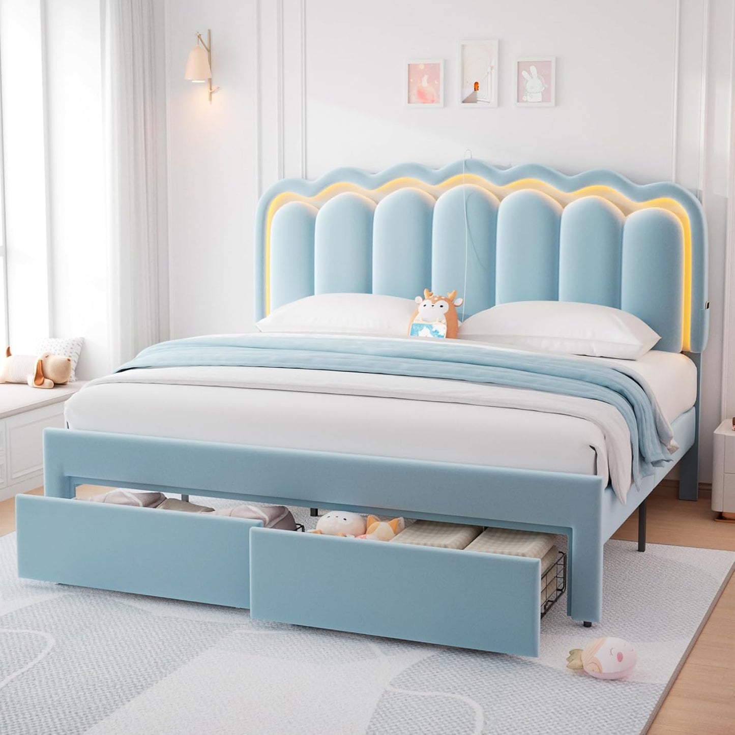 Full Upholstered LED Bed Frame with 2 Storage Drawers and Adjustable Chic Double Wavy Headboard, Velvet Princess Platform Bed with Charing Station, Solid Wood Slats Support,No Box Spring Needed,Beige