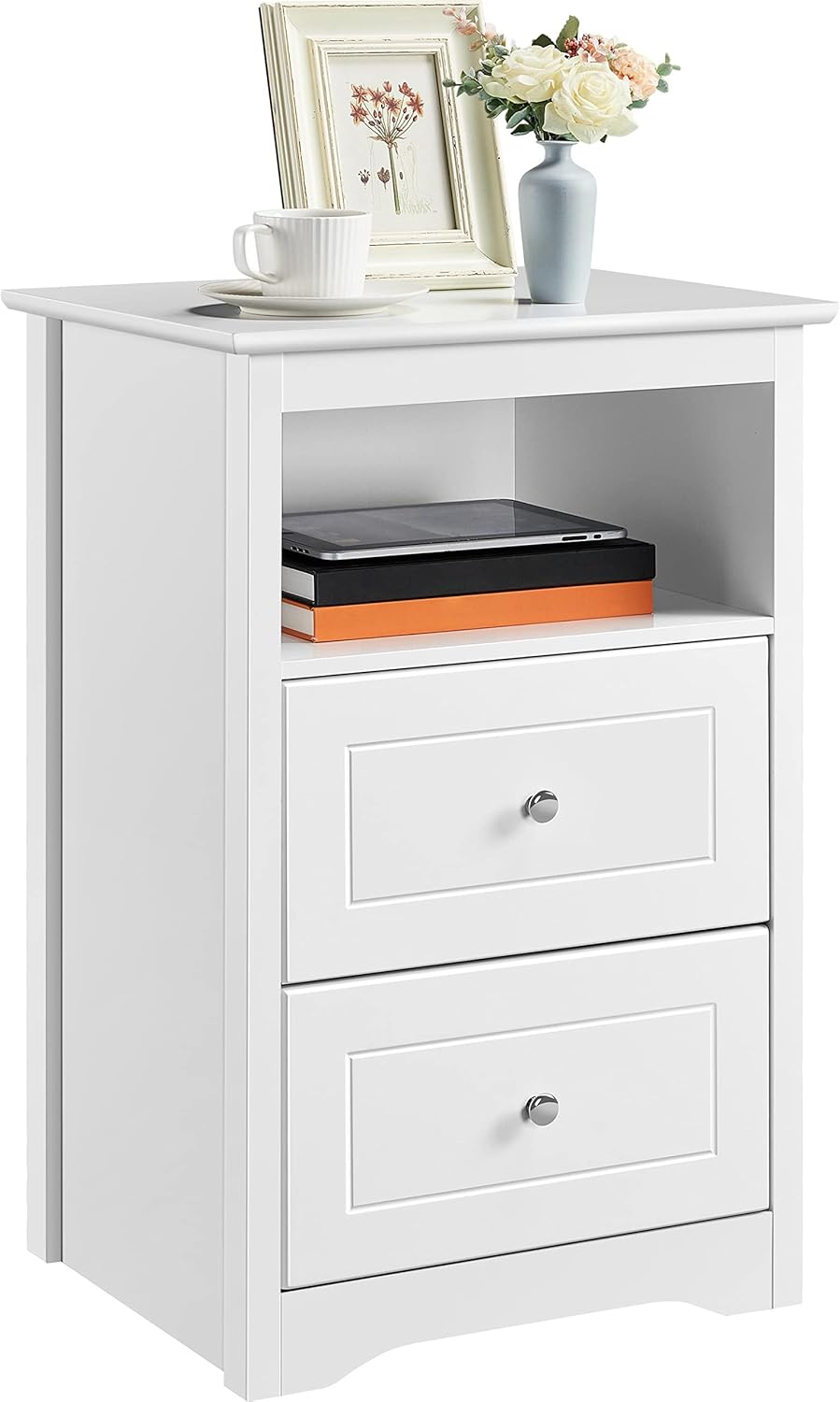 Yaheetech Bedside Table Set of 2, Tall Nightstand with 2 Drawer and Cubby, Wooden Bedside Table for Bedroom Small Space, Tall Bedside Cabinet Telephone Table, 16″ D × 19″ W × 29″ H, White