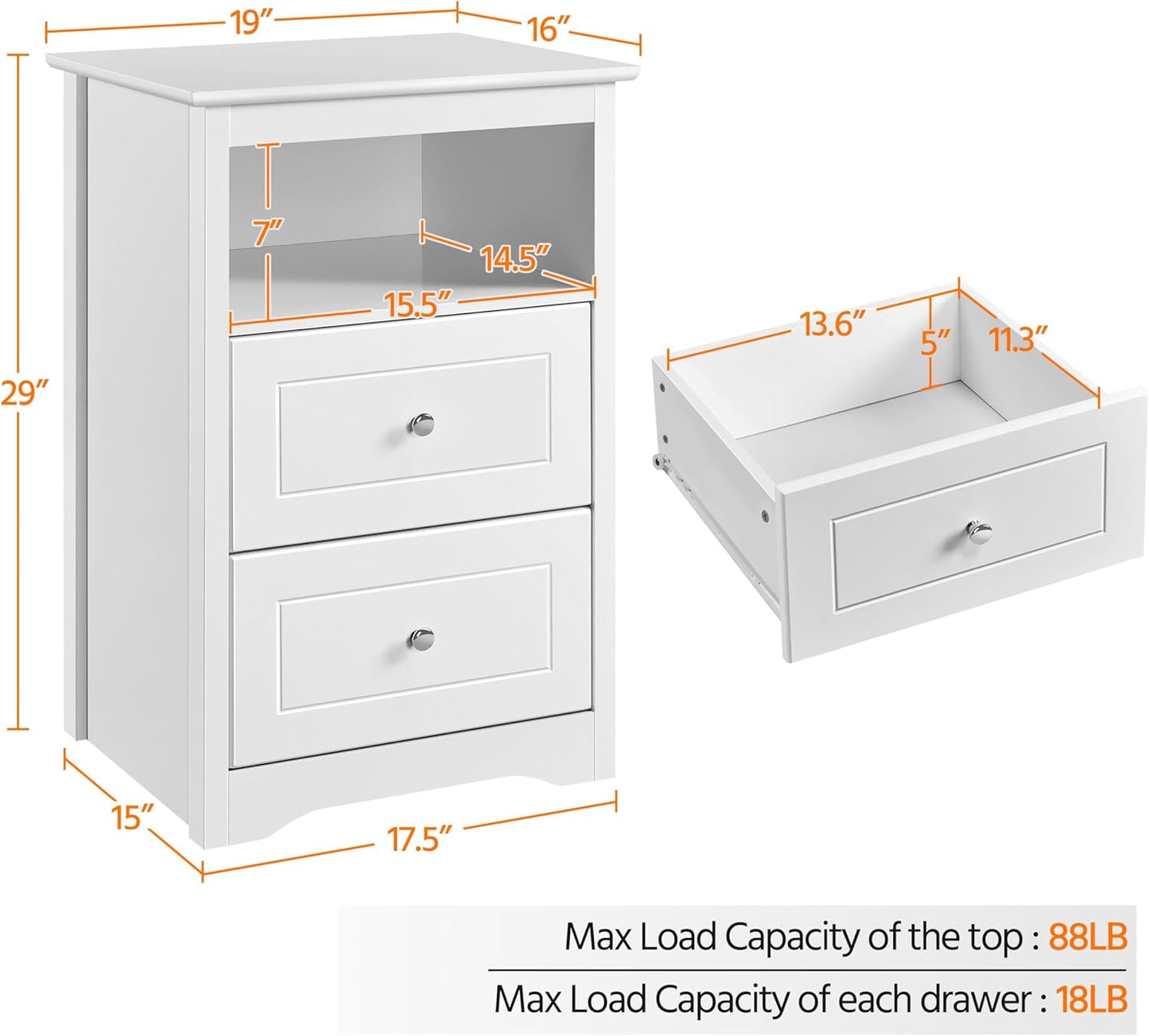 Yaheetech Bedside Table Set of 2, Tall Nightstand with 2 Drawer and Cubby, Wooden Bedside Table for Bedroom Small Space, Tall Bedside Cabinet Telephone Table, 16″ D × 19″ W × 29″ H, White
