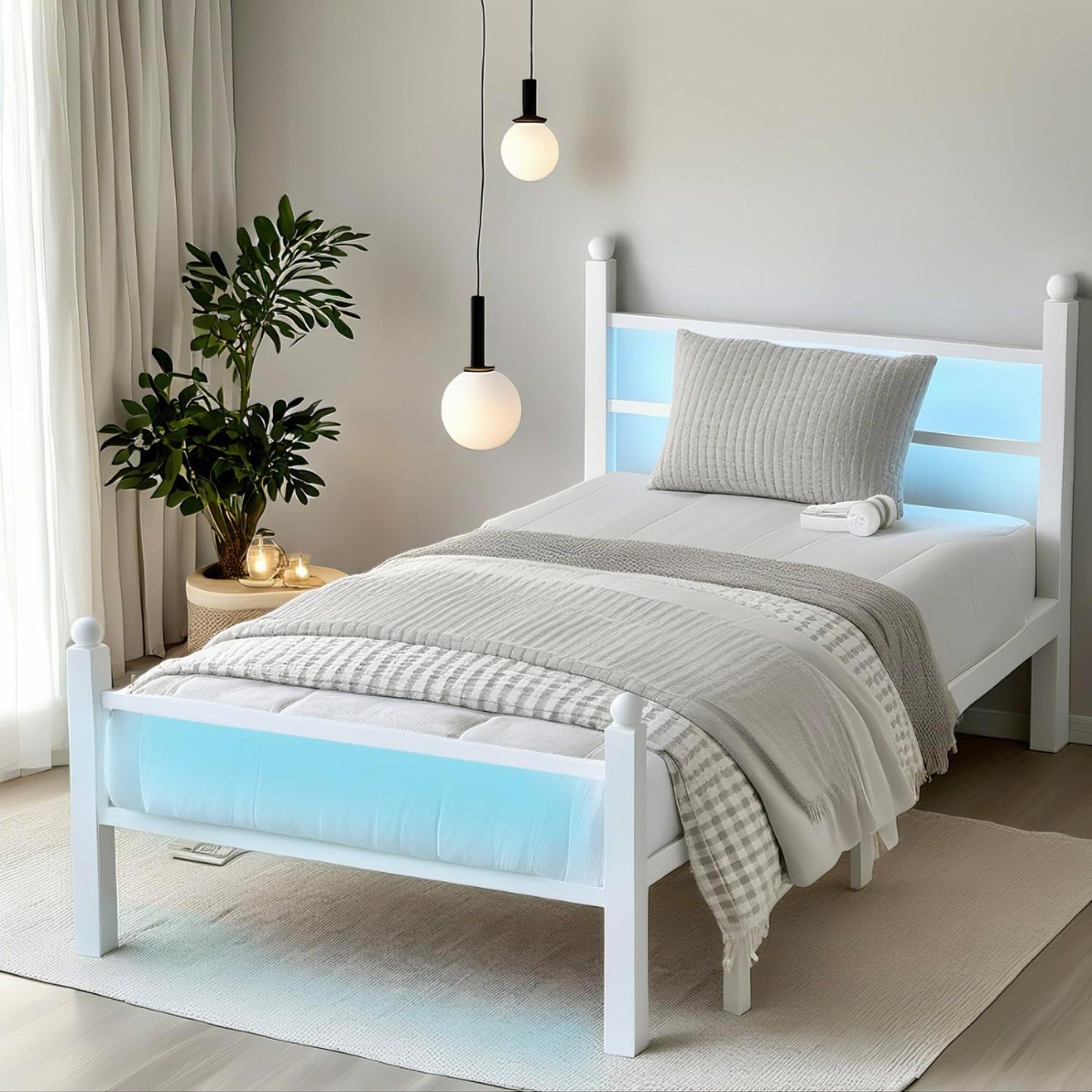 Full Size Bed Frame with Headboard and Footboard,Steel Slats Support-LED Bed Frame with USB Charging Station,Mattress Foundation-Under Bed Storage,No Box Spring Needed,Noise Free,White