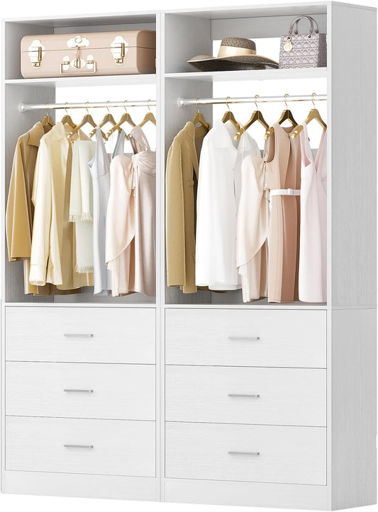 Closet System Set of 2, 4FT Closet Systems with 6 Wood Drawers, 48" Closet Organizer System with 2 Hanging Rods & 2 Shelves, Heavy Duty 48 Inch Walk-in Closet , White (48"L x 15" W x 80" H)