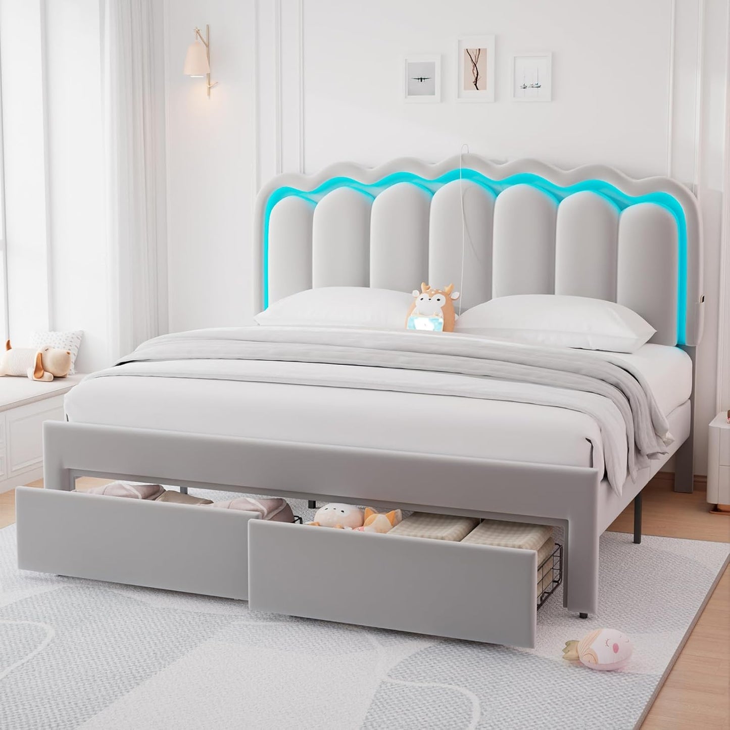 Full Upholstered LED Bed Frame with 2 Storage Drawers and Adjustable Chic Double Wavy Headboard, Velvet Princess Platform Bed with Charing Station, Solid Wood Slats Support,No Box Spring Needed,Beige