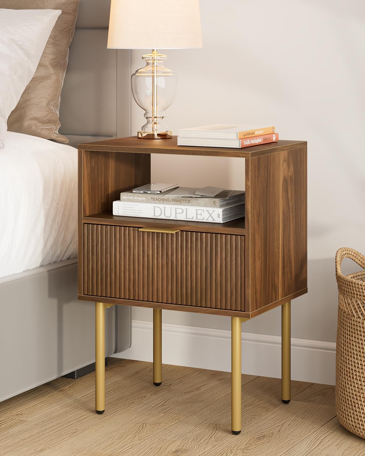 Masupu Nightstand,Mid-Century Modern Bedside Table with Storage Drawer and Open Wood Shelf,Small Gold Frame Side Table for Bedroom,Living Room,White