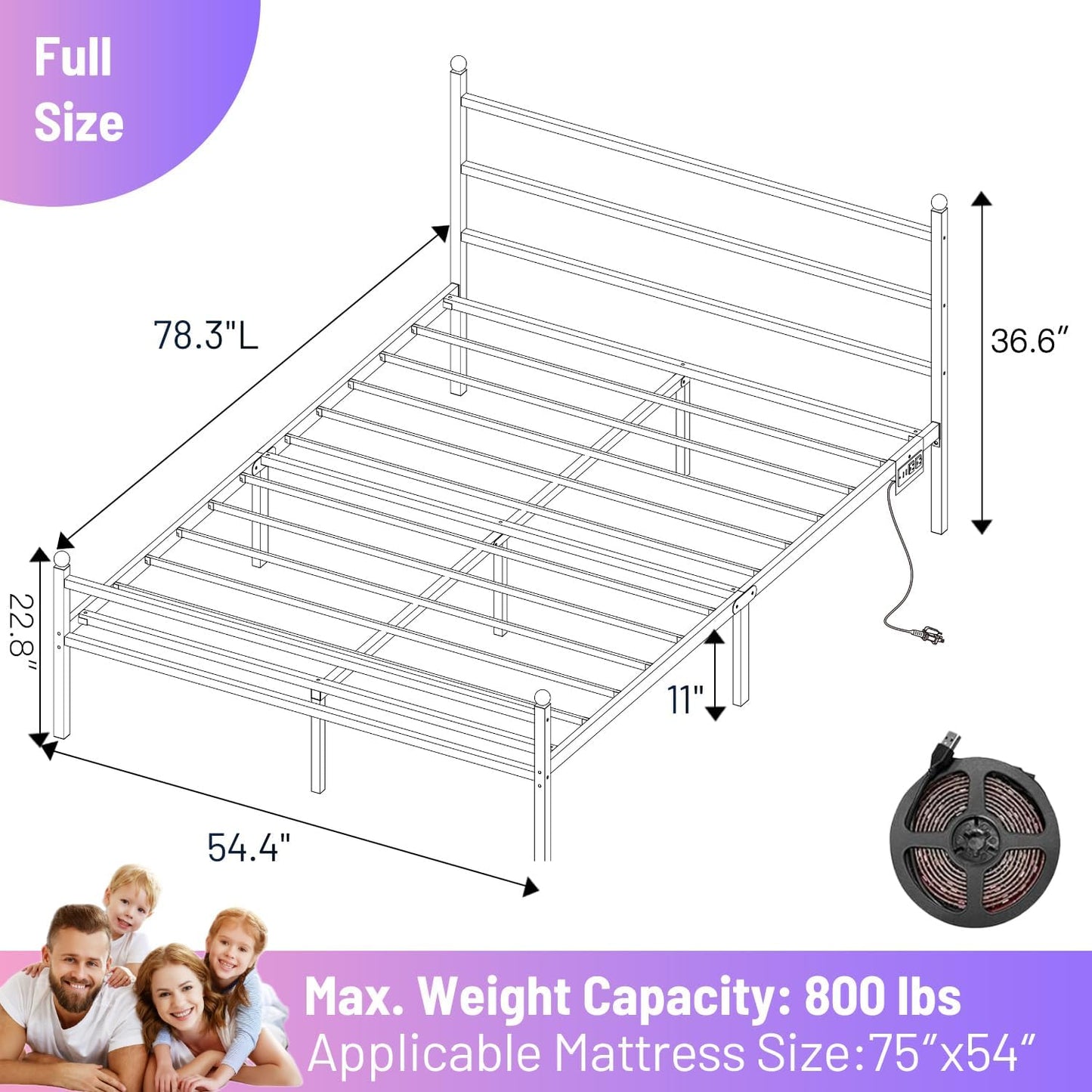 Full Size Bed Frame with Headboard and Footboard,Steel Slats Support-LED Bed Frame with USB Charging Station,Mattress Foundation-Under Bed Storage,No Box Spring Needed,Noise Free,White
