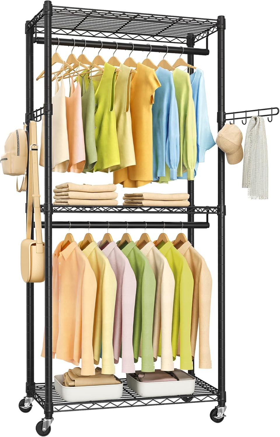 SONGMICS Heavy-Duty Rolling Clothes Rack, Garment Rack, Portable Closet, 43.3-Inch Wide Clothing Rack on Wheels, with Adjustable Mesh Shelves and Hanging Rails, Hooks, Ink Black ULGR414B01