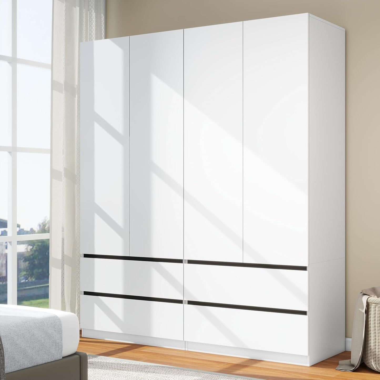 Wooden Wardrobe Closet with 2 Doors: 75" Bedroom Armoire Wardrobe Closet with 3 Drawers, White Cabinet with Hanging Shelves, Large Storage Cabinet (Modern, 1)