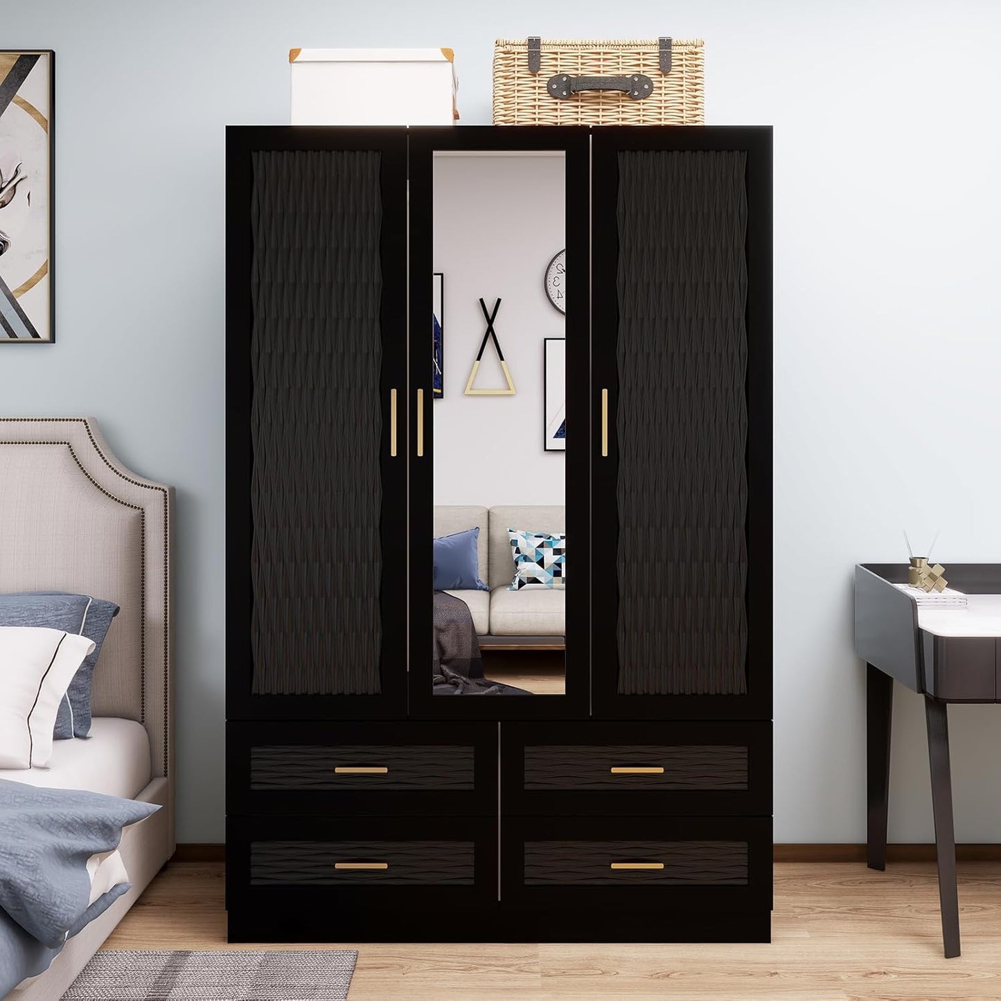 Wooden Armoire Wardrobe Closet：Large Wardrobe Closet with 4 Doors, 3 Drawers for Tall Cabinet, Wardrobe Cabinet for Bedroom with Hanging Rods, Golden Handle, White