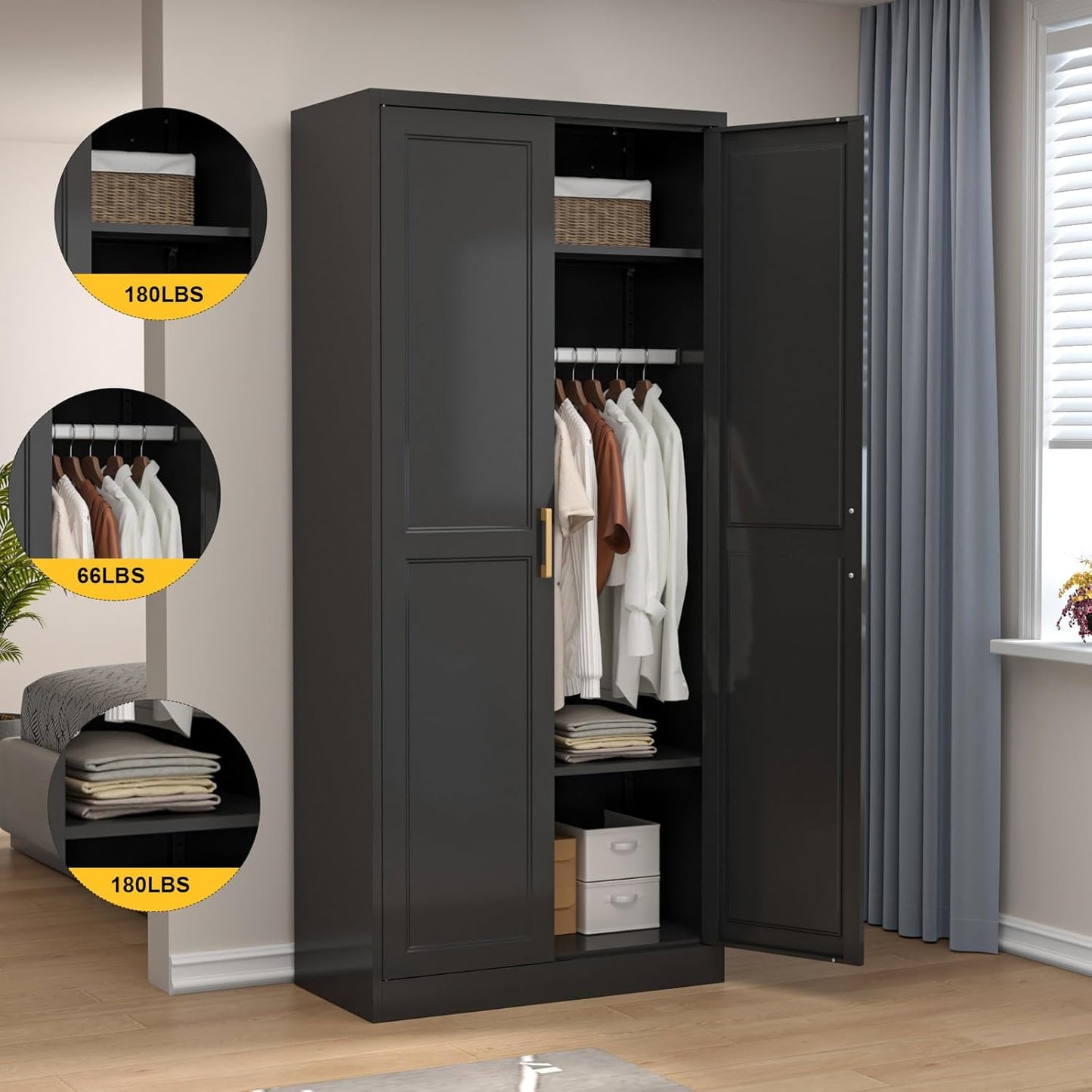 Metal Wardrobe Cabinet with Hanging Rod, 71" Tall Armoire Wardrobe Closet with 2 Doors and Adjustable Shelves, Black Clothing Storage Cabinets for Bedroom, Laundry Room, Cloak Room