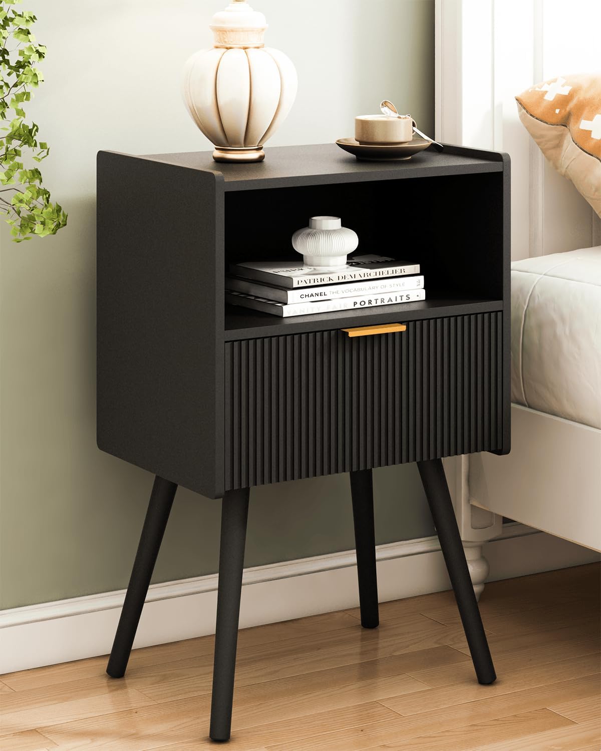 Nightstand,Modern Bedside Table with Storage Drawer and Open Wood Shelf, for Living Room, Bedroom and Small Spaces, Accent Night Stand with Solid Wood Legs, Easy Assembly,Walnut Brown