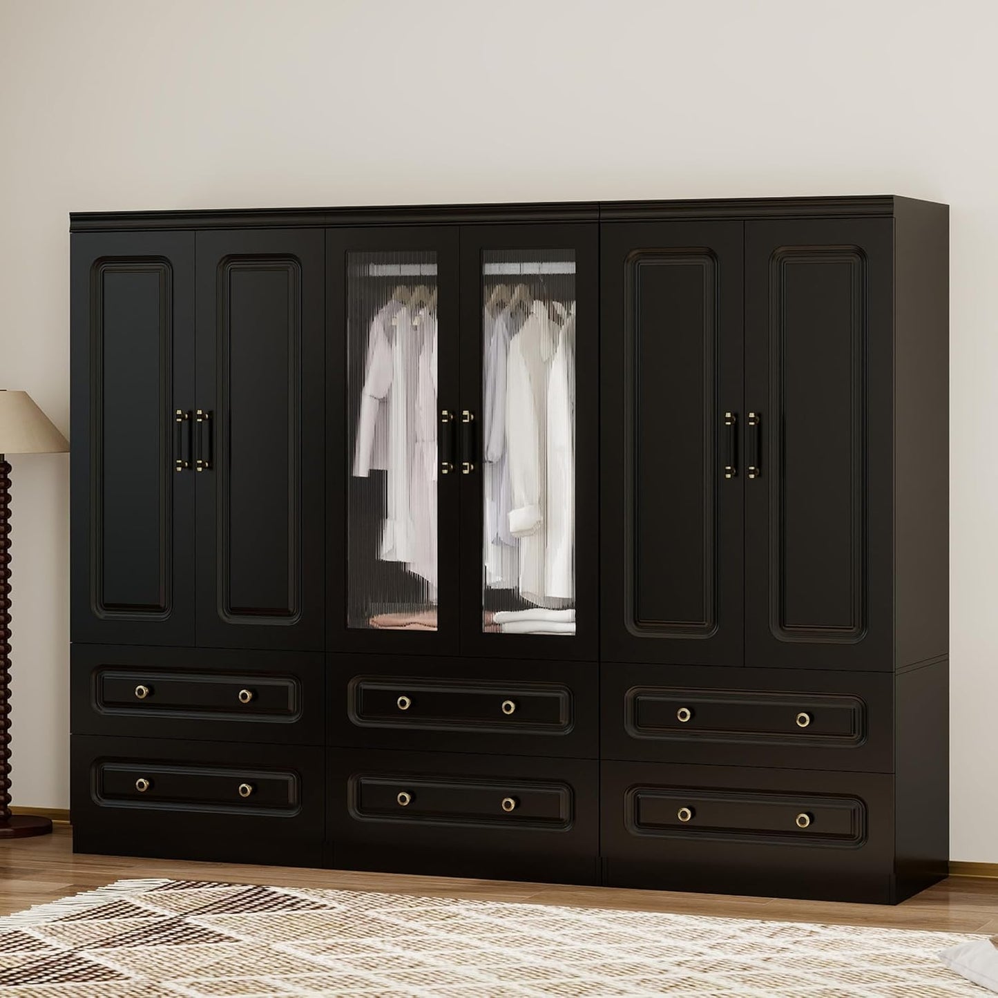 Wooden Armoire Wardrobe Closet：Large Wardrobe Closet with 4 Doors, 3 Drawers for Tall Cabinet, Wardrobe Cabinet for Bedroom with Hanging Rods, Golden Handle, White
