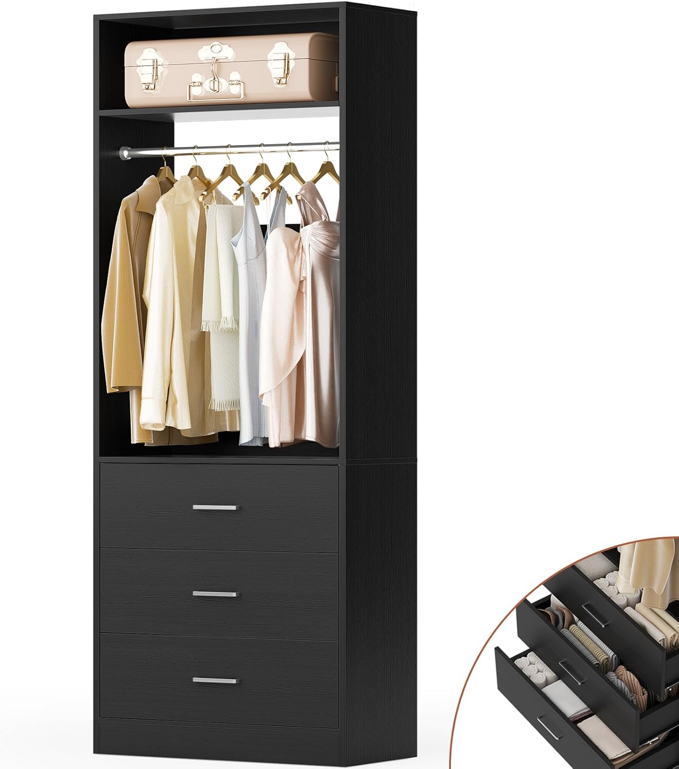 Closet System Set of 2, 4FT Closet Systems with 6 Wood Drawers, 48" Closet Organizer System with 2 Hanging Rods & 2 Shelves, Heavy Duty 48 Inch Walk-in Closet , White (48"L x 15" W x 80" H)