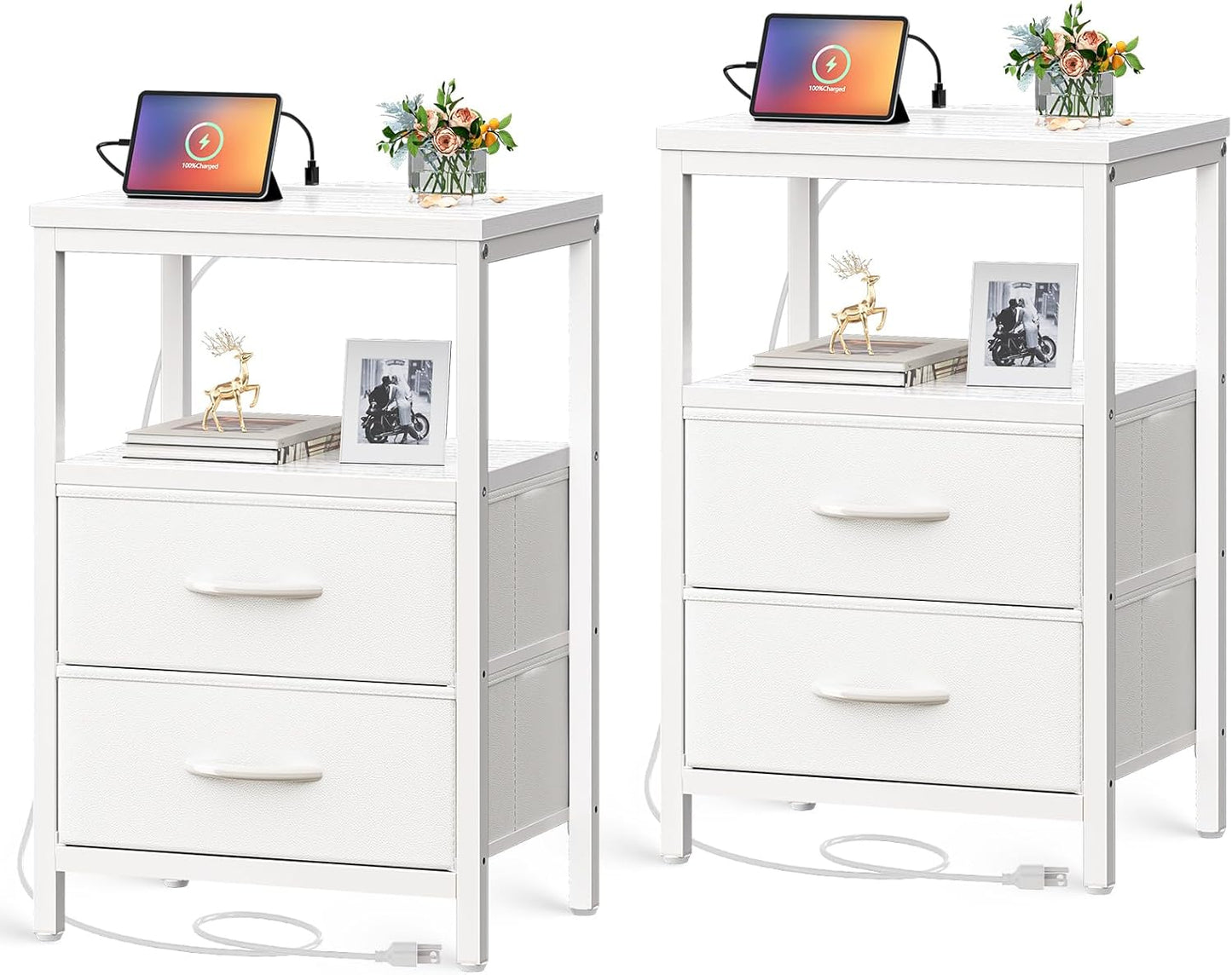 Huuger Nightstand with Charging Station, Side Table with Fabric Drawers, End Table with Open Shelf, Bedside Table with USB Ports and Outlets, Night Stand for Bedroom, White