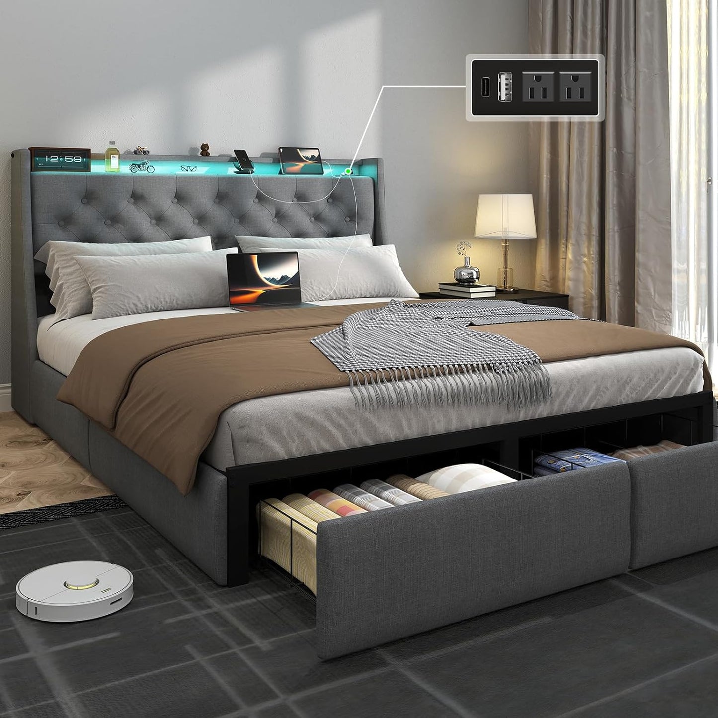 SADENICEL Queen Bed Frame with Storage Headboard and 2 Drawer, Metal Queen Size Bed Frame Platform with LED Light, Charging Station, No Box Spring Needed, Noise Free, Easy Assembly, Grey