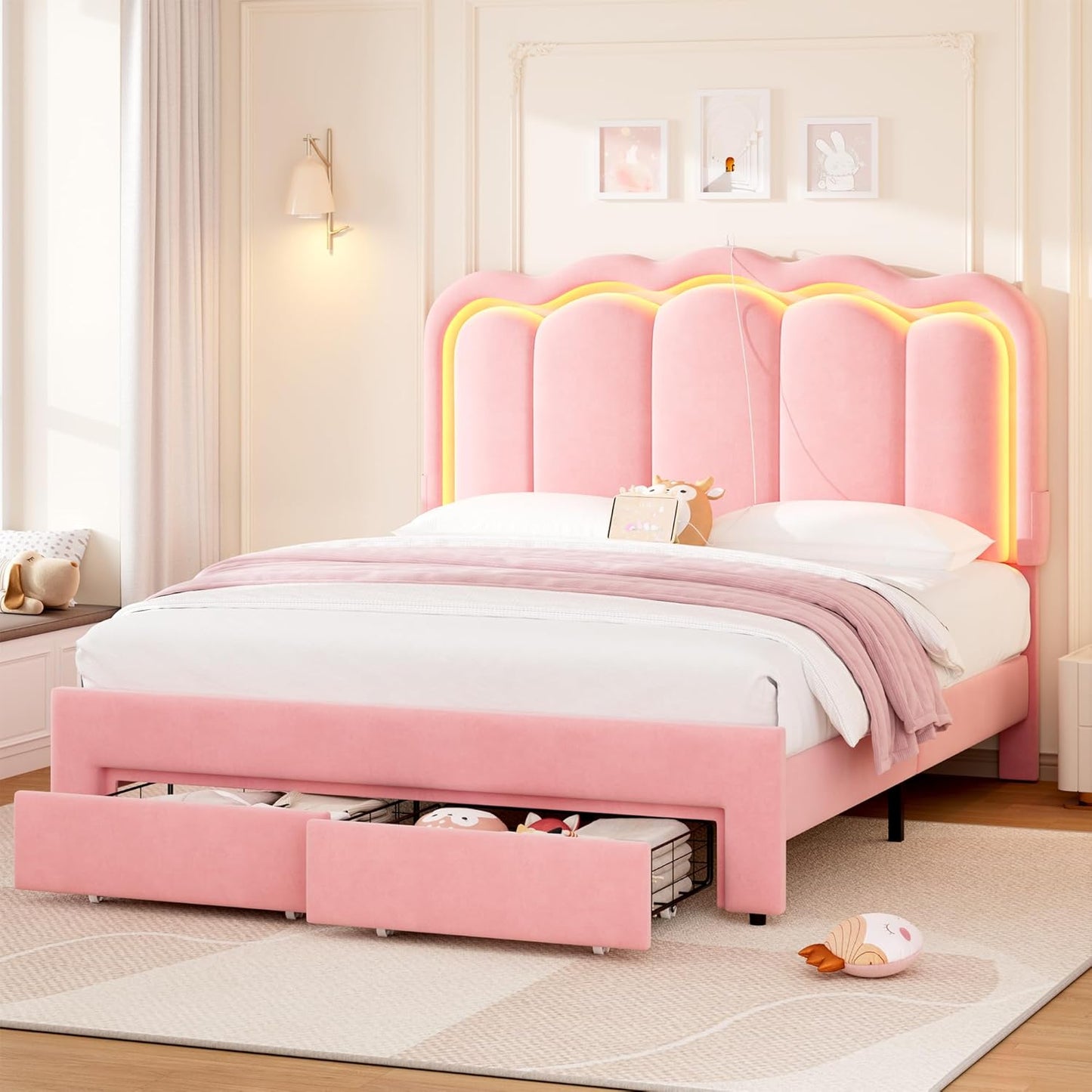 Full Upholstered LED Bed Frame with 2 Storage Drawers and Adjustable Chic Double Wavy Headboard, Velvet Princess Platform Bed with Charing Station, Solid Wood Slats Support,No Box Spring Needed,Beige
