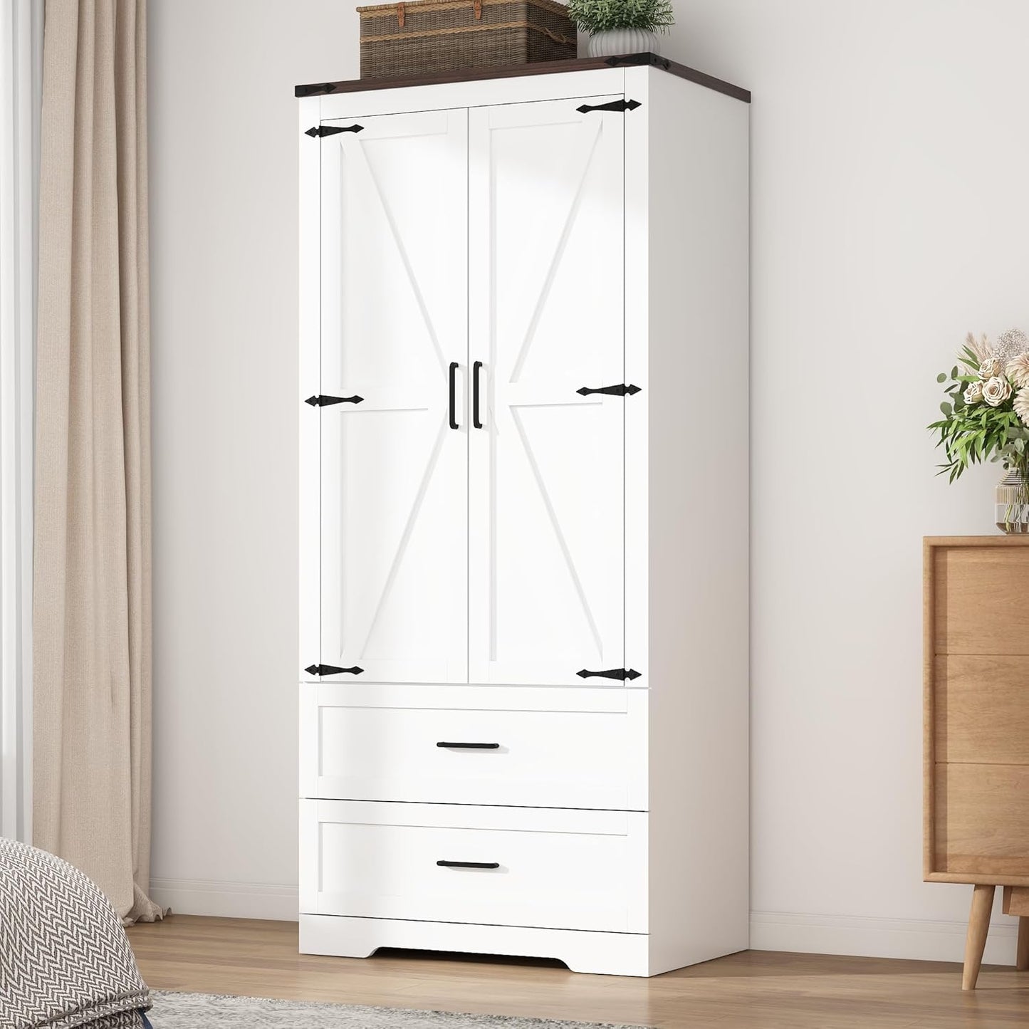 3 Doors Wardrobe Armoire Closet with Doors and Drawers, Farmhouse Wooden Armoire Storage Cabinet with Shelves & Hanging Rod for Bedroom, White