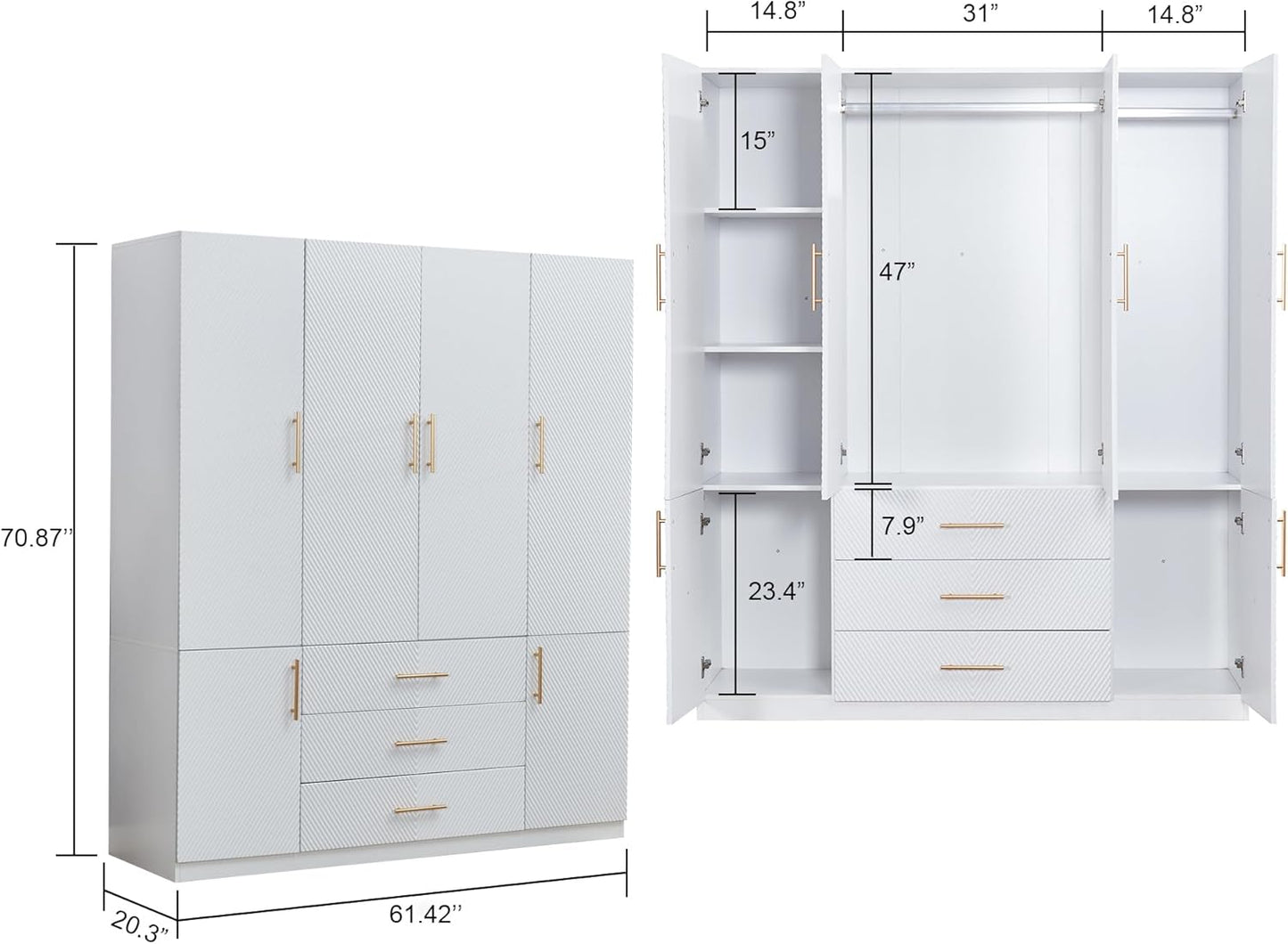 Wooden Armoire Wardrobe Closet：Large Wardrobe Closet with 4 Doors, 3 Drawers for Tall Cabinet, Wardrobe Cabinet for Bedroom with Hanging Rods, Golden Handle, White
