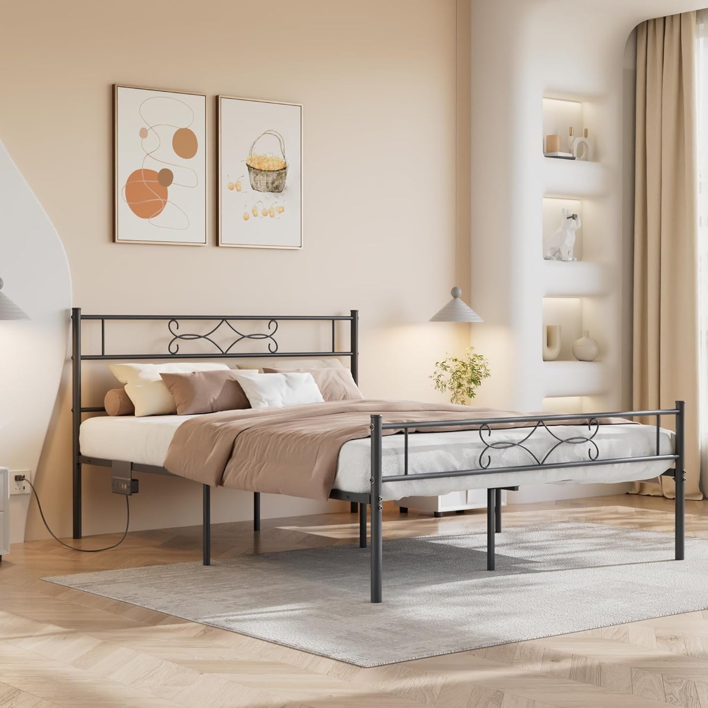 VECELO Queen Size Metal Platform Bed Frame with Headboard/Premium Steel Slat Support/No Box Spring Needed/Noise-Free Anti-Slip/Easy Assembly