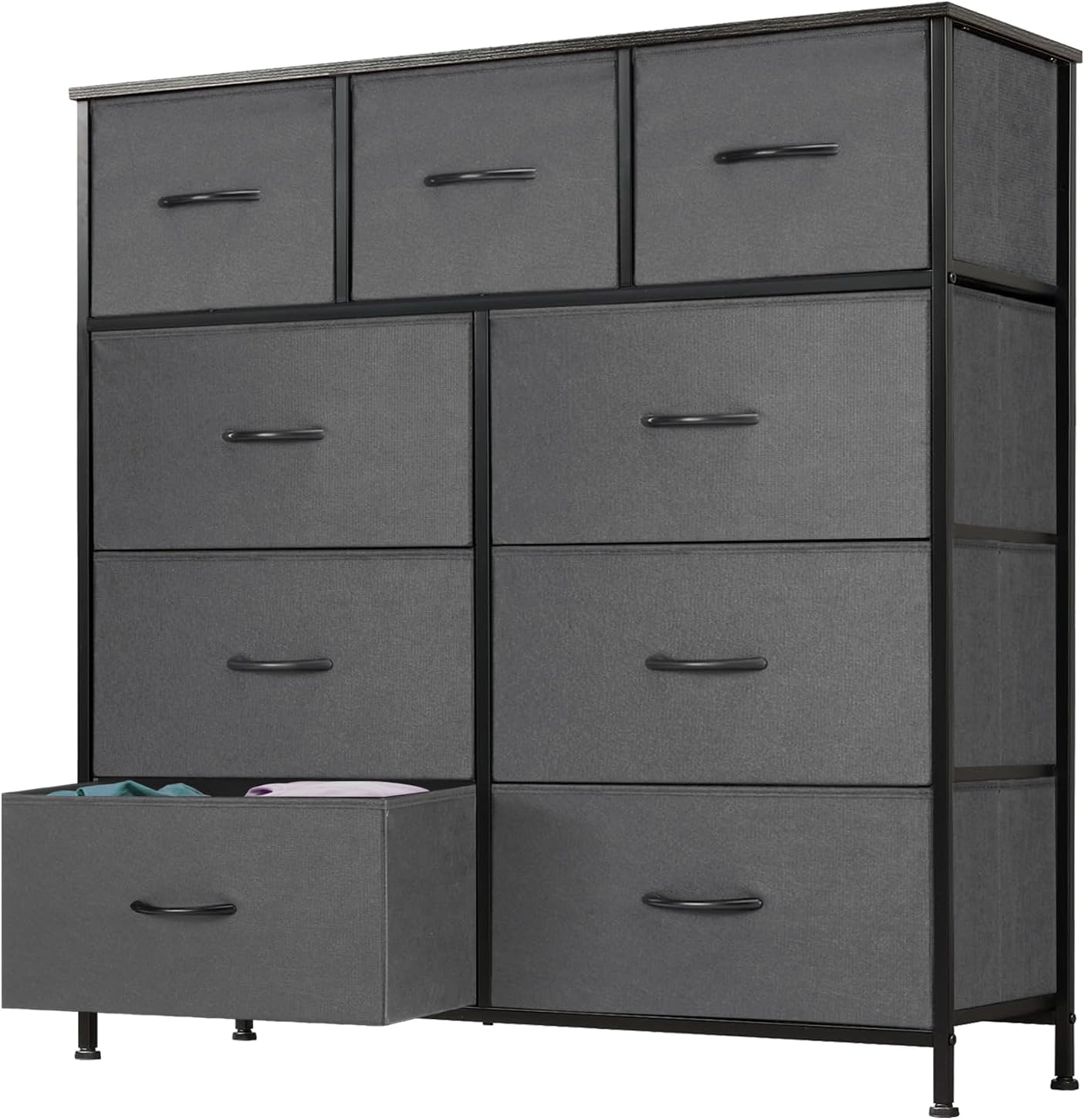 DUMOS Dresser for Bedroom, Storage Organizer with 9 Drawers, Chest of Drawers with Fabric Bins, Sturdy Metal Frame, Wood Tabletop for Guest Room, Closet, Entryway, Nursery