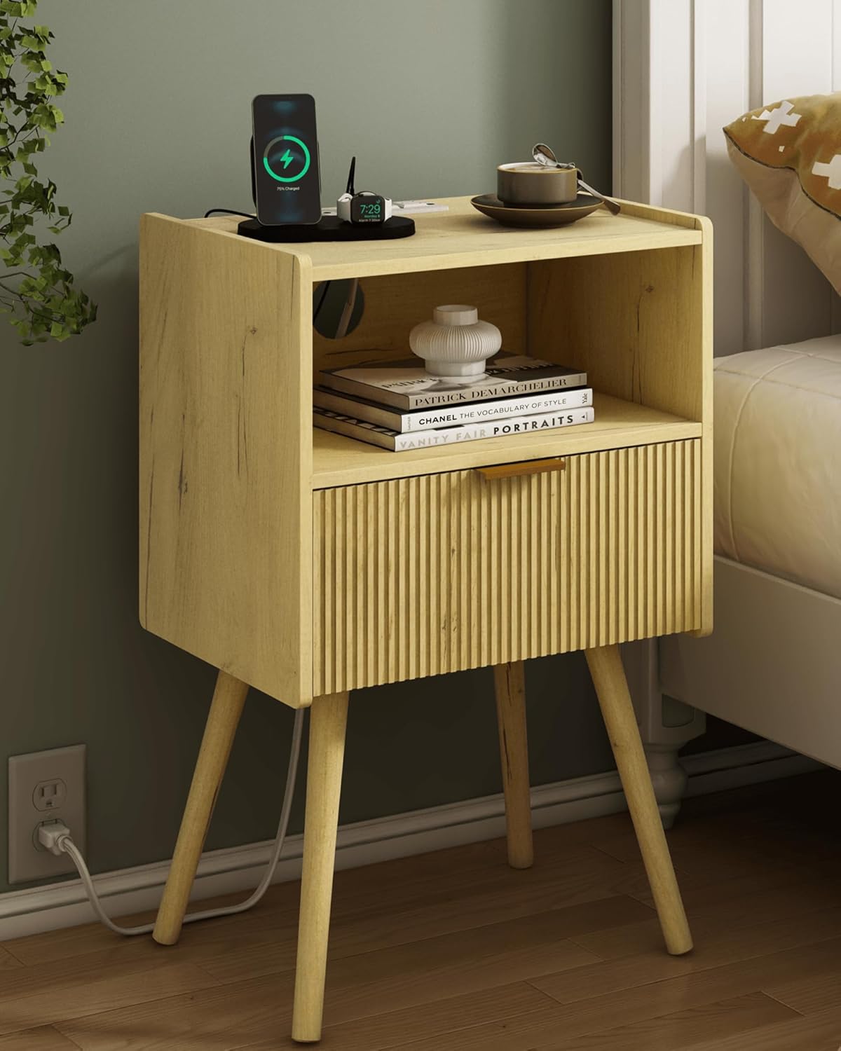 Nightstand,Modern Bedside Table with Storage Drawer and Open Wood Shelf, for Living Room, Bedroom and Small Spaces, Accent Night Stand with Solid Wood Legs, Easy Assembly,Walnut Brown