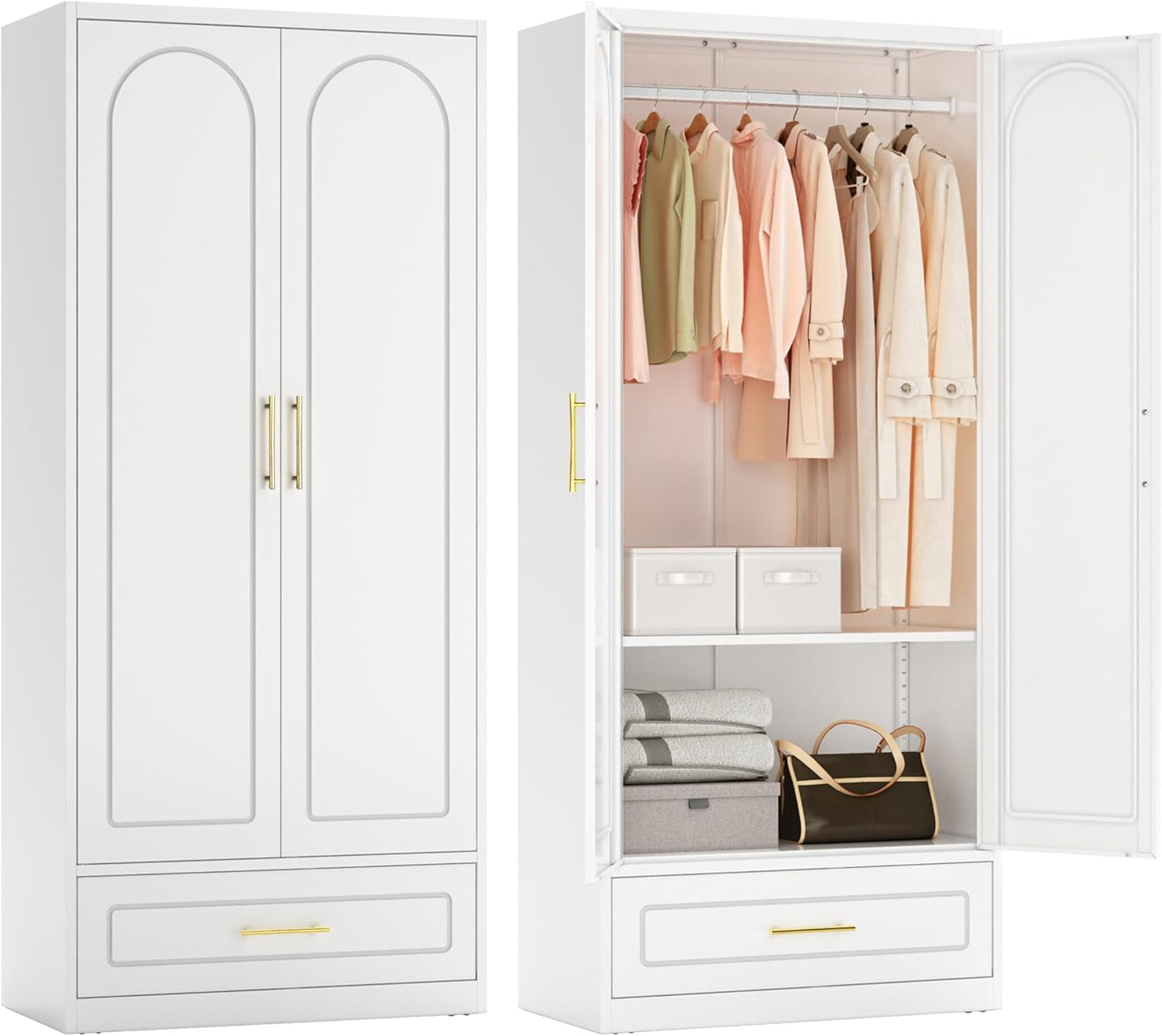 Metal Armoire Wardrobe Closet with Hanging Rod, 71" Tall Wardrobe Cabinet for Clothes, Black Clothing Storage Cabinet with Doors and Shelves, Large Wardrobes for Bedroom-Assemble Required