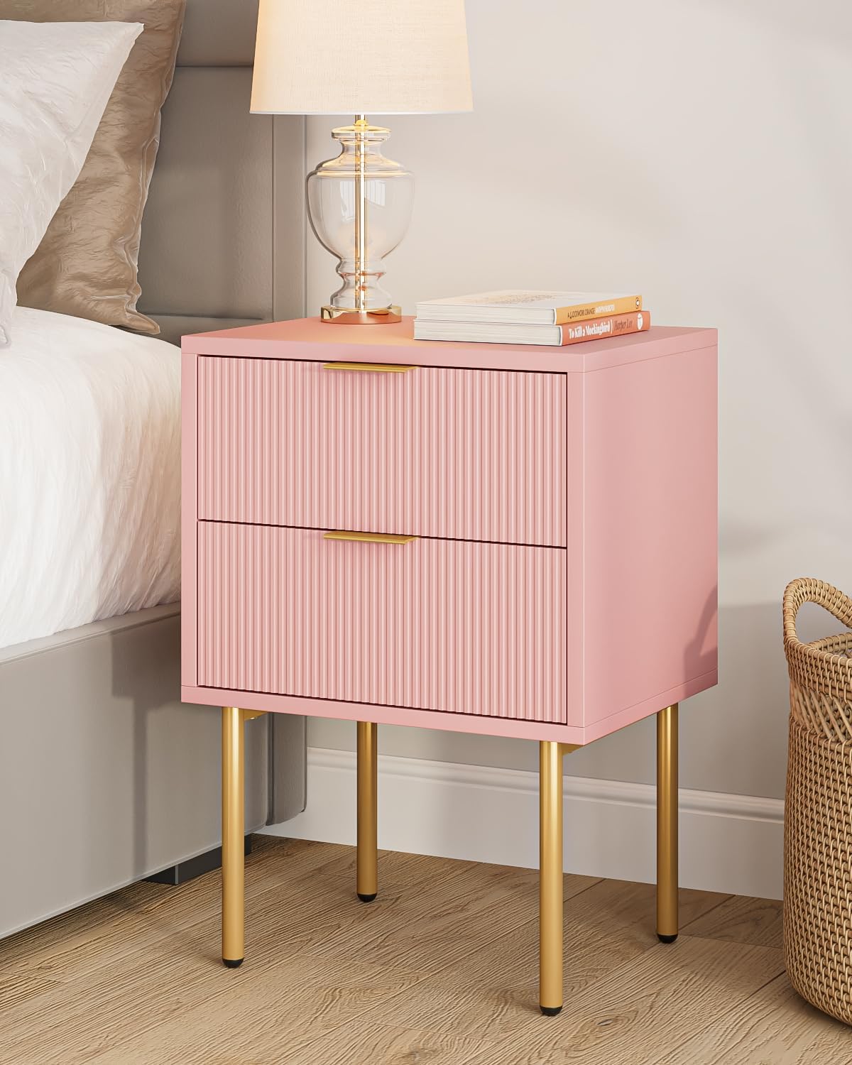Masupu Nightstand,Mid-Century Modern Bedside Table with Storage Drawer and Open Wood Shelf,Small Gold Frame Side Table for Bedroom,Living Room,White