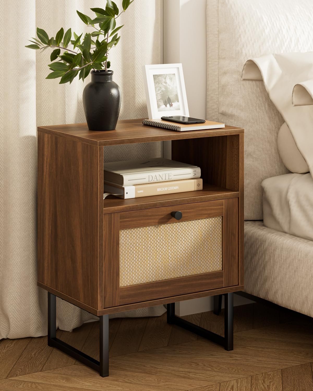 Masupu Rattan Nightstand,Modern Boho Farmhouse Wood Bedside Table with Storage Drawer and Open Shelf,Small Gold Frame Side End Table for Bedroom,Living Room,Office(White)