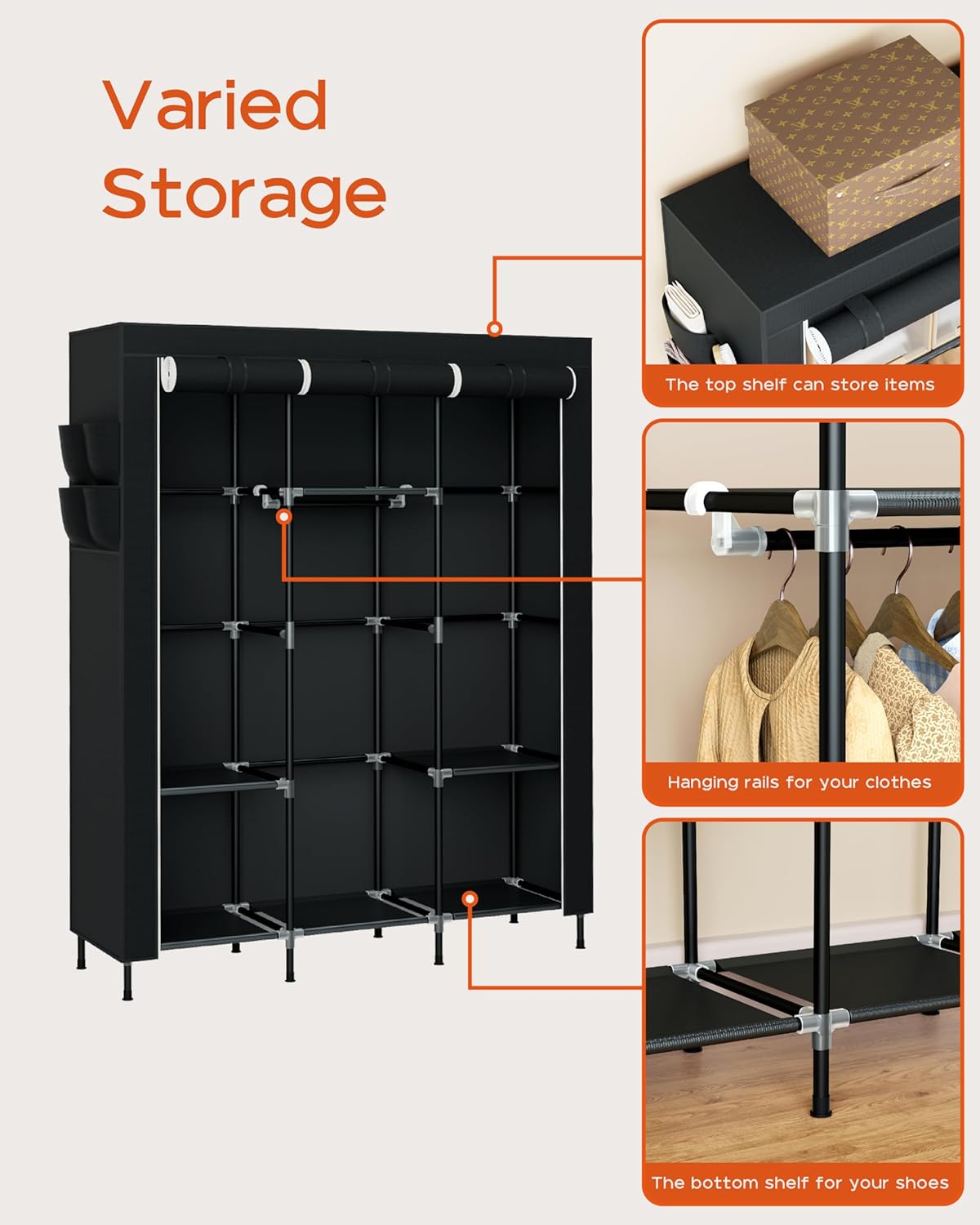 Portable Closet, 51.2 Inch Large Capacity Wardrobe Closet with Cover, Clothes Storage Organizer with Shelves and 3 Hanging Rods, Easy to Assembly, Black PCT203B01