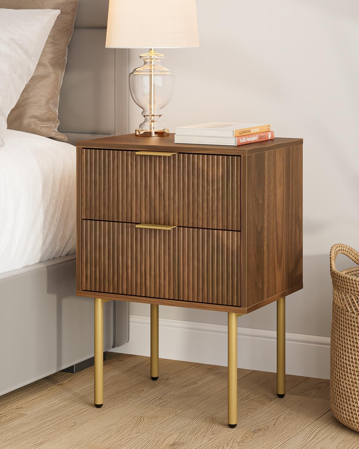 Masupu Nightstand,Mid-Century Modern Bedside Table with Storage Drawer and Open Wood Shelf,Small Gold Frame Side Table for Bedroom,Living Room,White