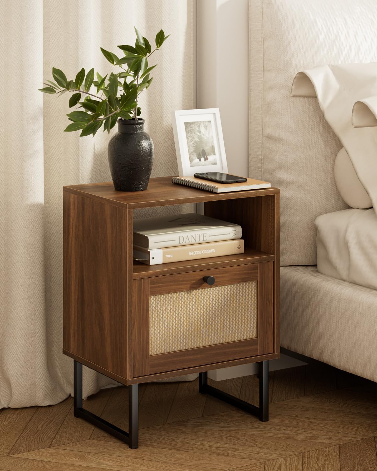 Masupu Rattan Nightstand,Modern Boho Farmhouse Wood Bedside Table with Storage Drawer and Open Shelf,Small Gold Frame Side End Table for Bedroom,Living Room,Office(White)