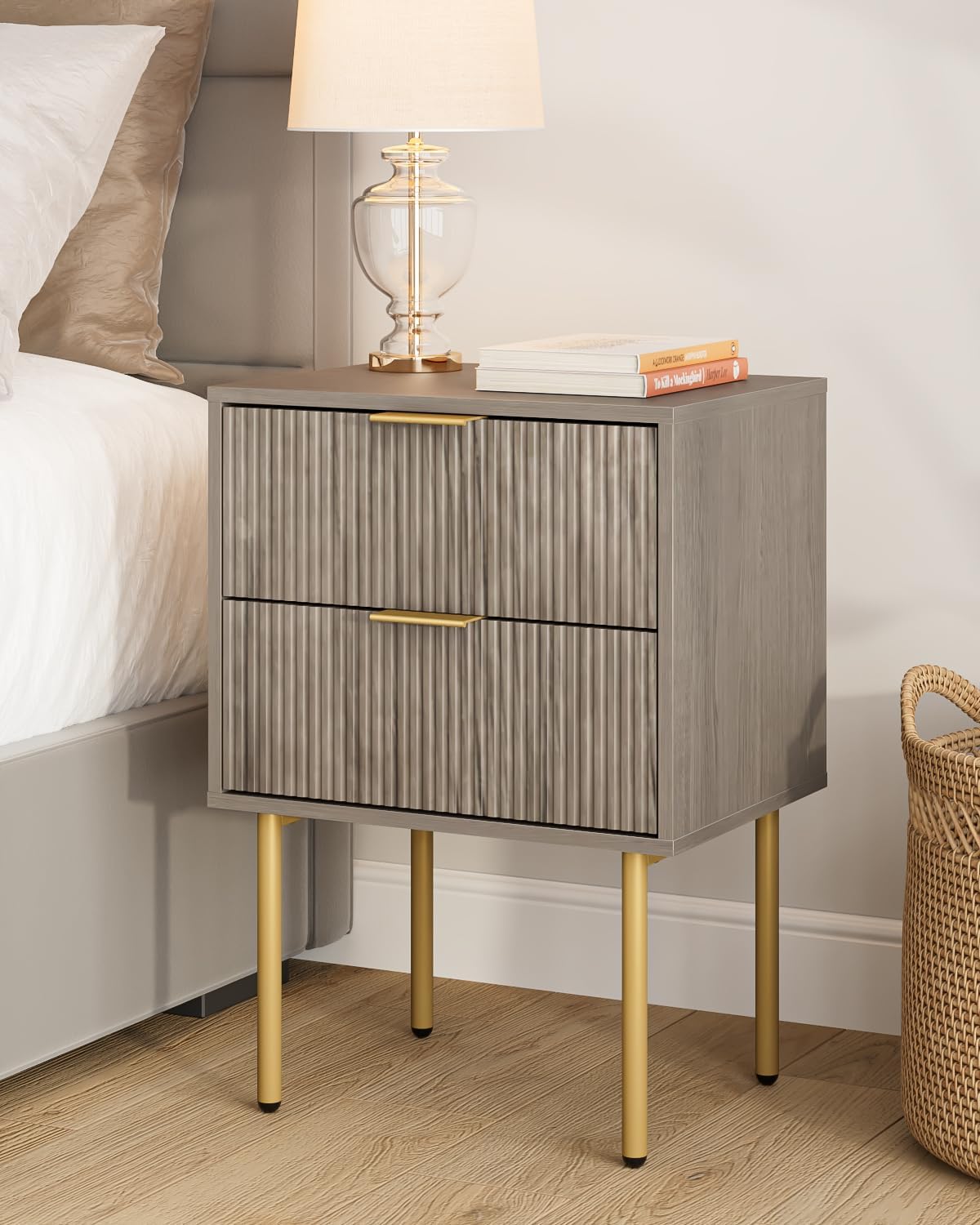 Masupu Nightstand,Mid-Century Modern Bedside Table with Storage Drawer and Open Wood Shelf,Small Gold Frame Side Table for Bedroom,Living Room,White