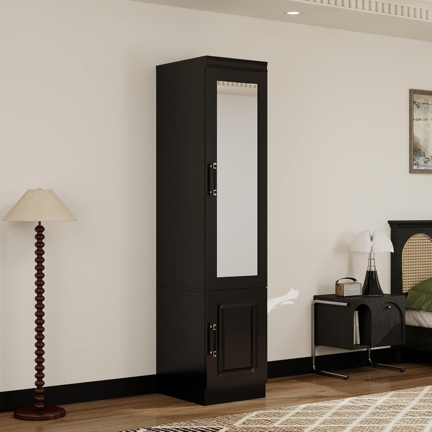Wooden Armoire Wardrobe Closet：Large Wardrobe Closet with 4 Doors, 3 Drawers for Tall Cabinet, Wardrobe Cabinet for Bedroom with Hanging Rods, Golden Handle, White