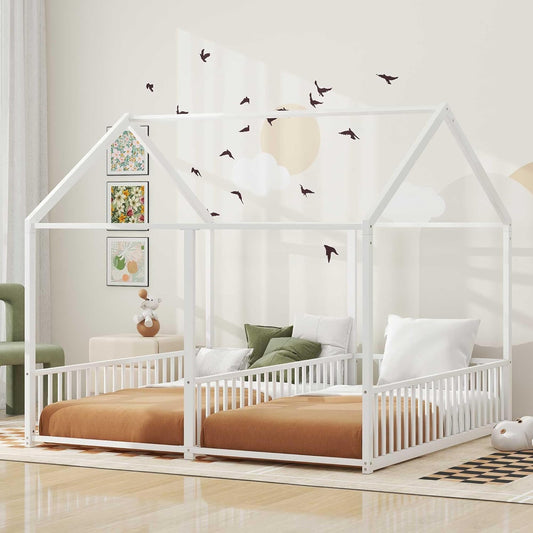 Double Floor Bed for Twins,Twin Size House Bed for 2 Kids,Two Shared Beds,Twin House Platform Beds,Metal Floor Bed Frame with Rails for Girls,Boys(White)