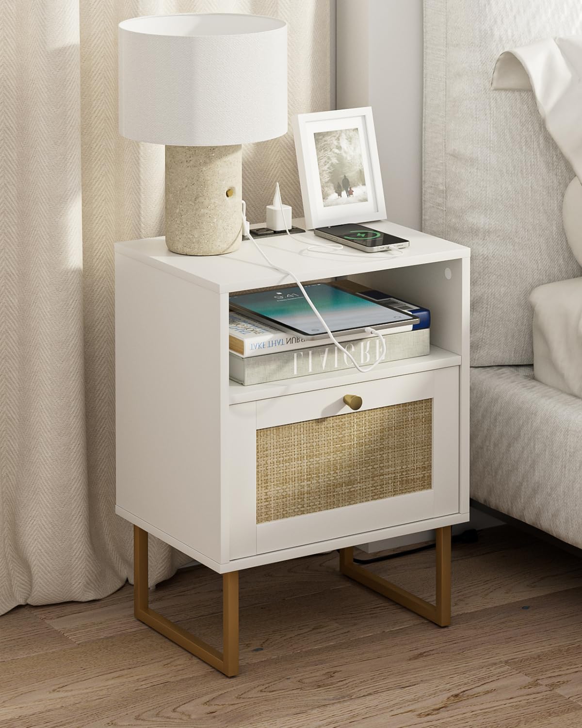 Masupu Rattan Nightstand,Modern Boho Farmhouse Wood Bedside Table with Storage Drawer and Open Shelf,Small Gold Frame Side End Table for Bedroom,Living Room,Office(White)