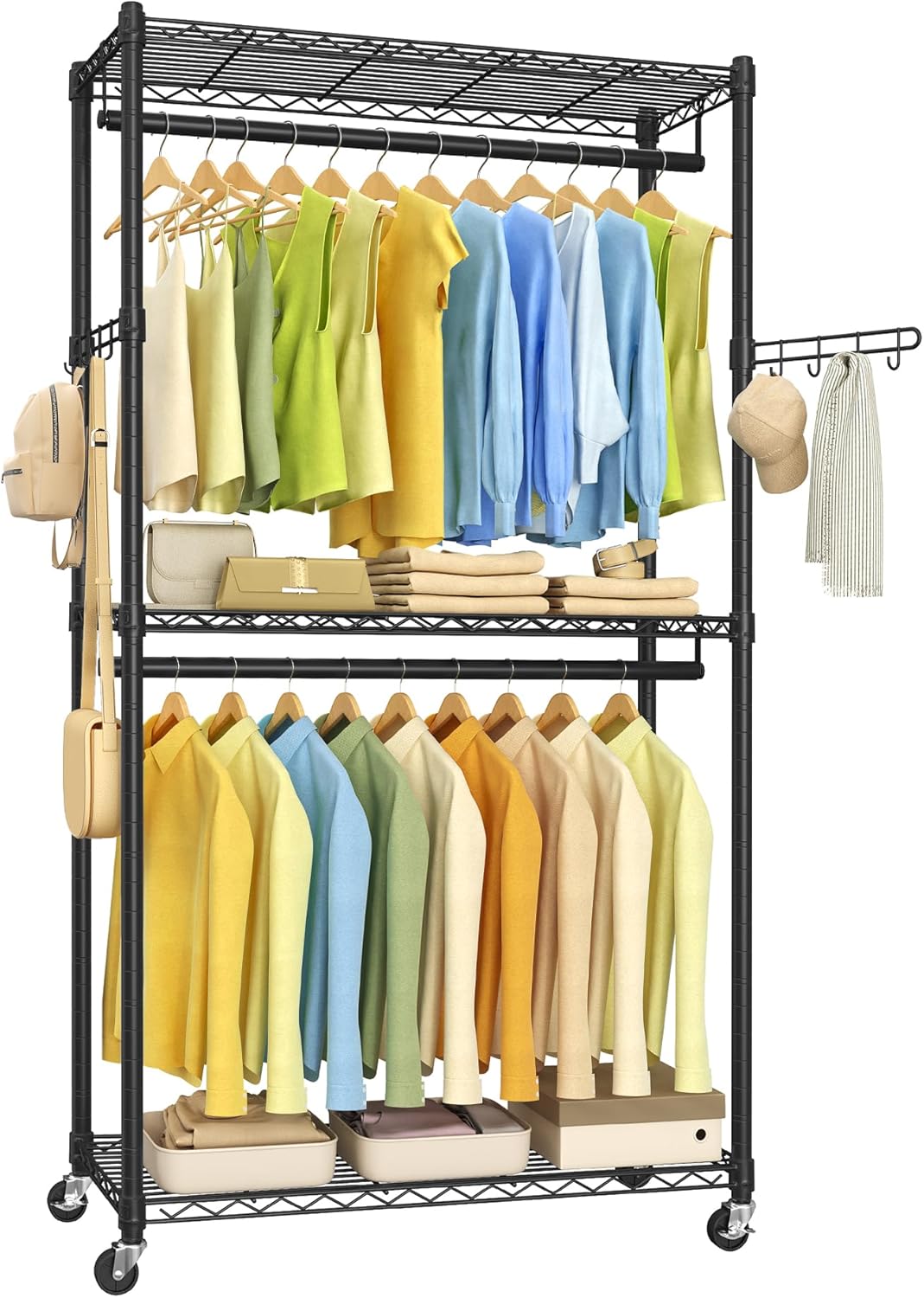 SONGMICS Heavy-Duty Rolling Clothes Rack, Garment Rack, Portable Closet, 43.3-Inch Wide Clothing Rack on Wheels, with Adjustable Mesh Shelves and Hanging Rails, Hooks, Ink Black ULGR414B01