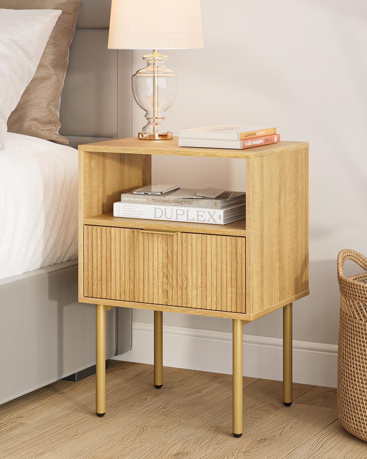 Masupu Nightstand,Mid-Century Modern Bedside Table with Storage Drawer and Open Wood Shelf,Small Gold Frame Side Table for Bedroom,Living Room,White