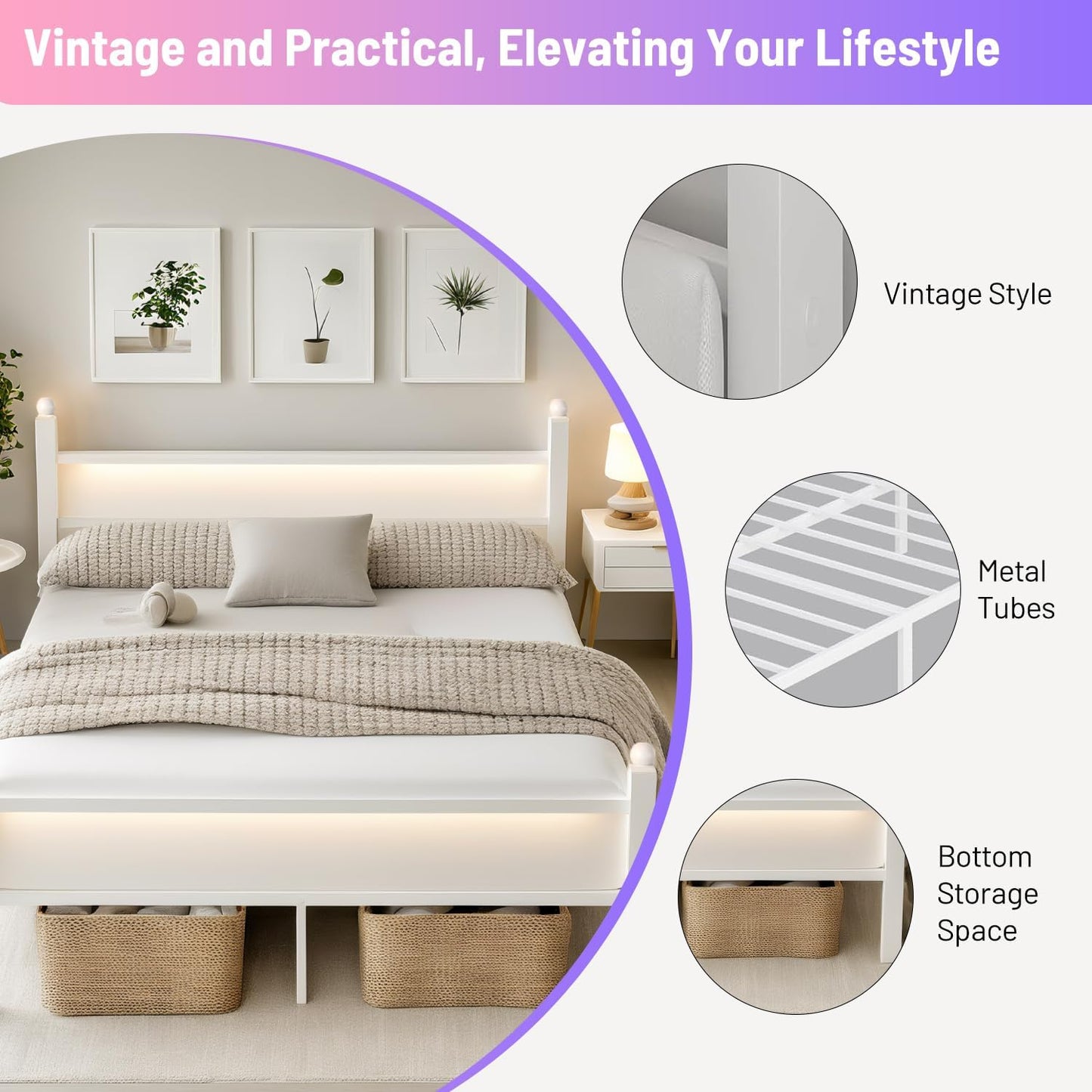 Full Size Bed Frame with Headboard and Footboard,Steel Slats Support-LED Bed Frame with USB Charging Station,Mattress Foundation-Under Bed Storage,No Box Spring Needed,Noise Free,White