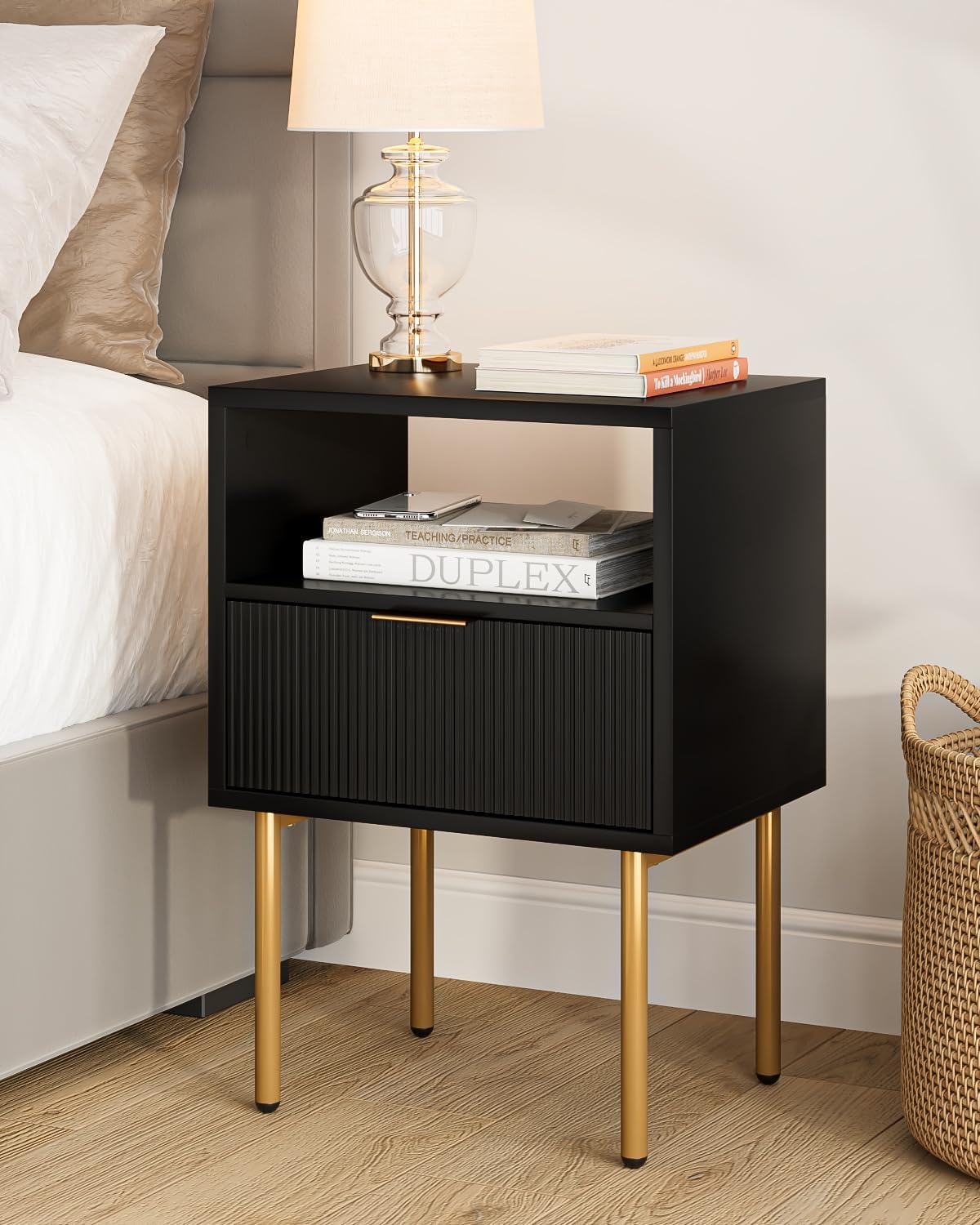 Masupu Nightstand,Mid-Century Modern Bedside Table with Storage Drawer and Open Wood Shelf,Small Gold Frame Side Table for Bedroom,Living Room,White