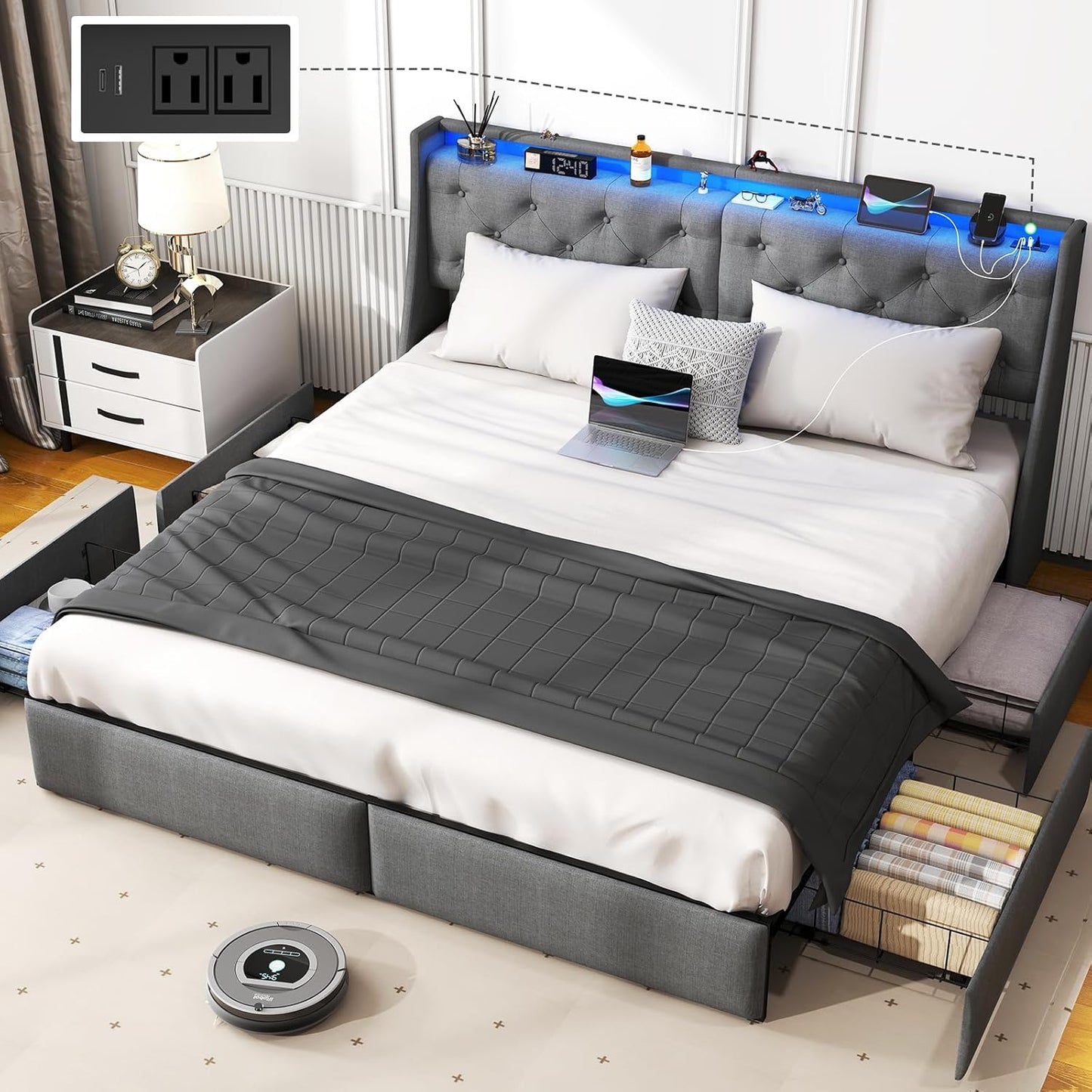 SADENICEL Queen Bed Frame with Storage Headboard and 2 Drawer, Metal Queen Size Bed Frame Platform with LED Light, Charging Station, No Box Spring Needed, Noise Free, Easy Assembly, Grey
