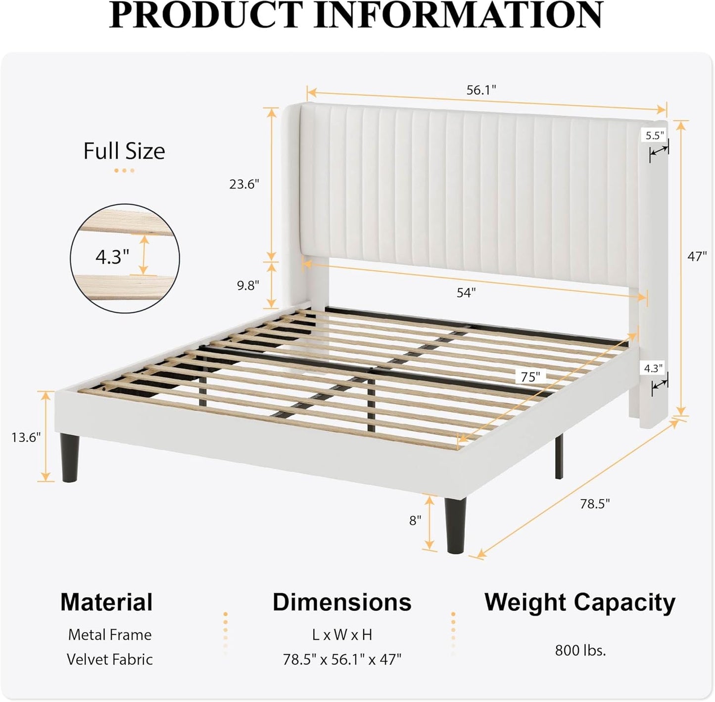 SHA CERLIN Full Size Velvet Bed Frame with Vertical Channel Tufted Wingback Headboard, Upholstered Platform Bed with Wood Slats, No Box Spring Needed, Easy Assembly, White