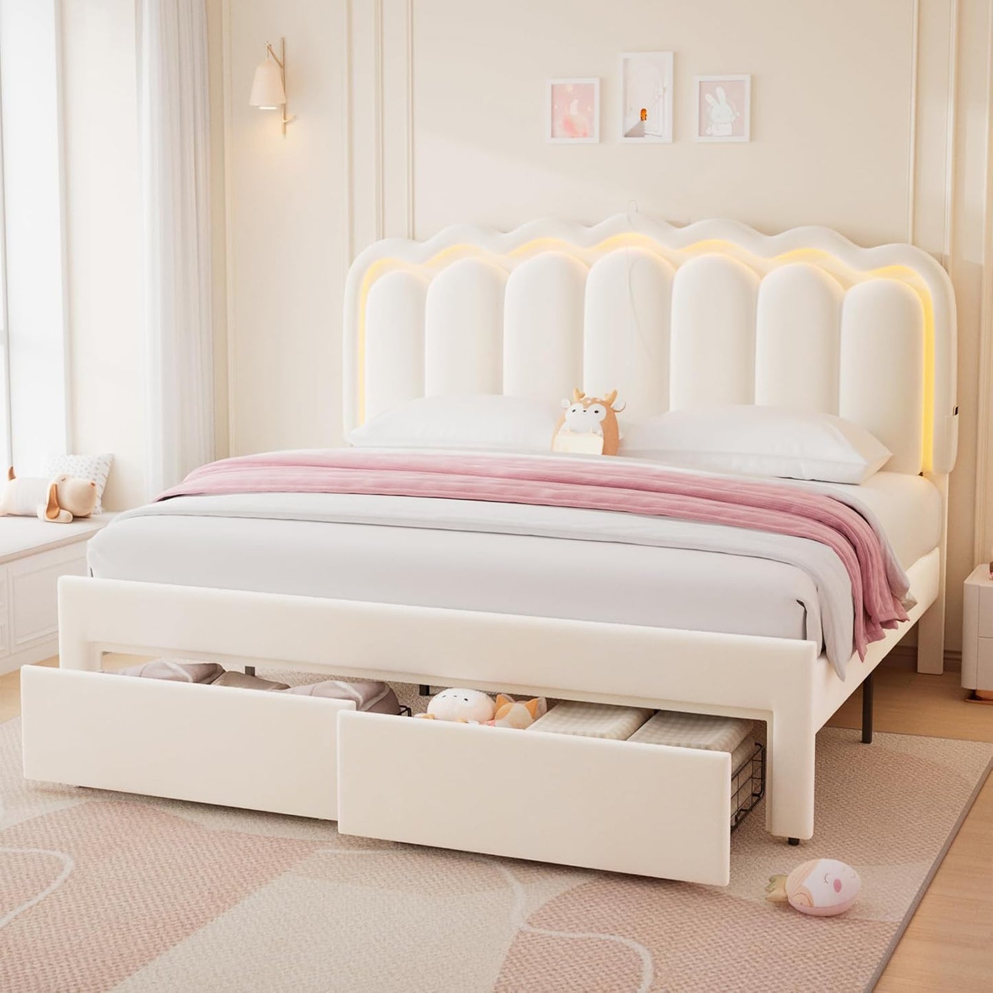Full Upholstered LED Bed Frame with 2 Storage Drawers and Adjustable Chic Double Wavy Headboard, Velvet Princess Platform Bed with Charing Station, Solid Wood Slats Support,No Box Spring Needed,Beige