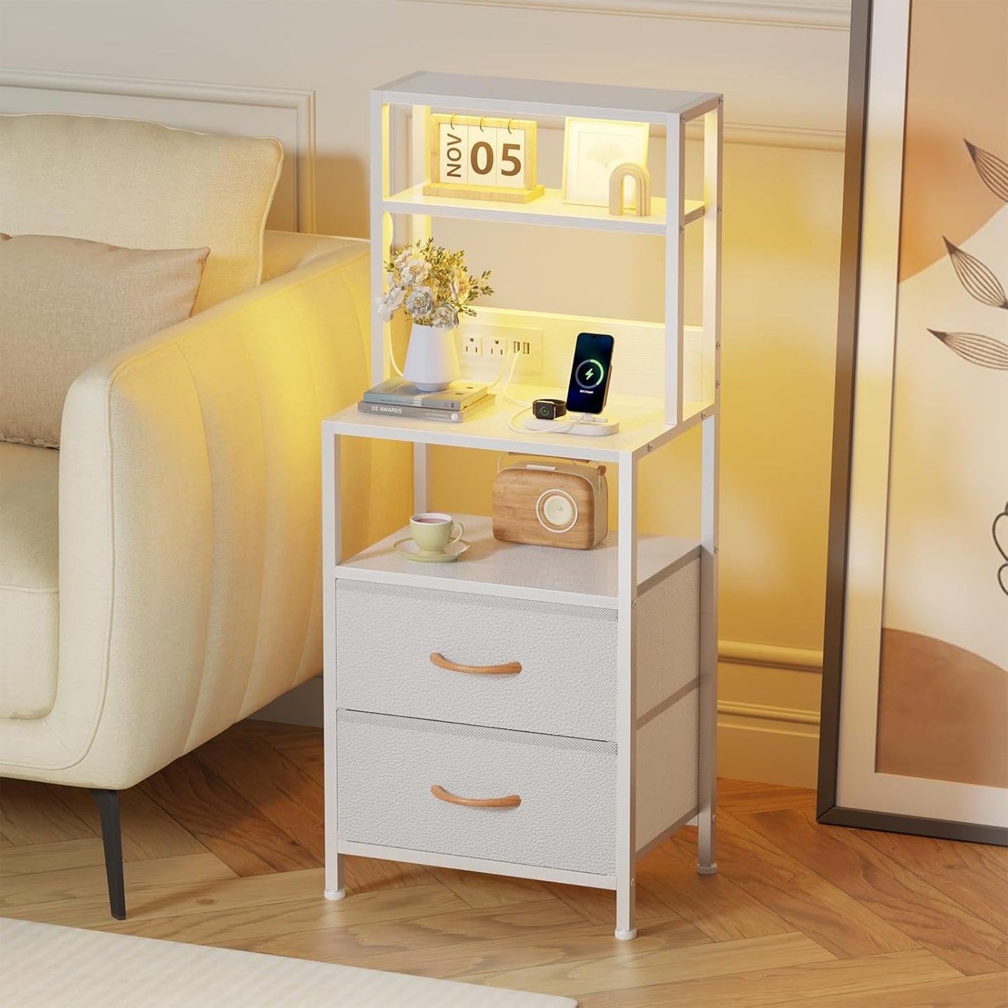 Furnulem Night Stand, Tall Nightstand with 4-Tier Shelves, 2 Fabric Drawers and Light Tube, Bed Side Tables with Charging Station, Bedside Table for Bedroom, Office, Rustic Brown