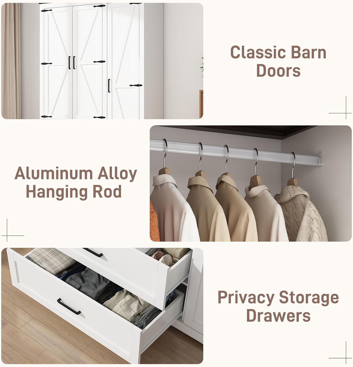 3 Doors Wardrobe Armoire Closet with Doors and Drawers, Farmhouse Wooden Armoire Storage Cabinet with Shelves & Hanging Rod for Bedroom, White