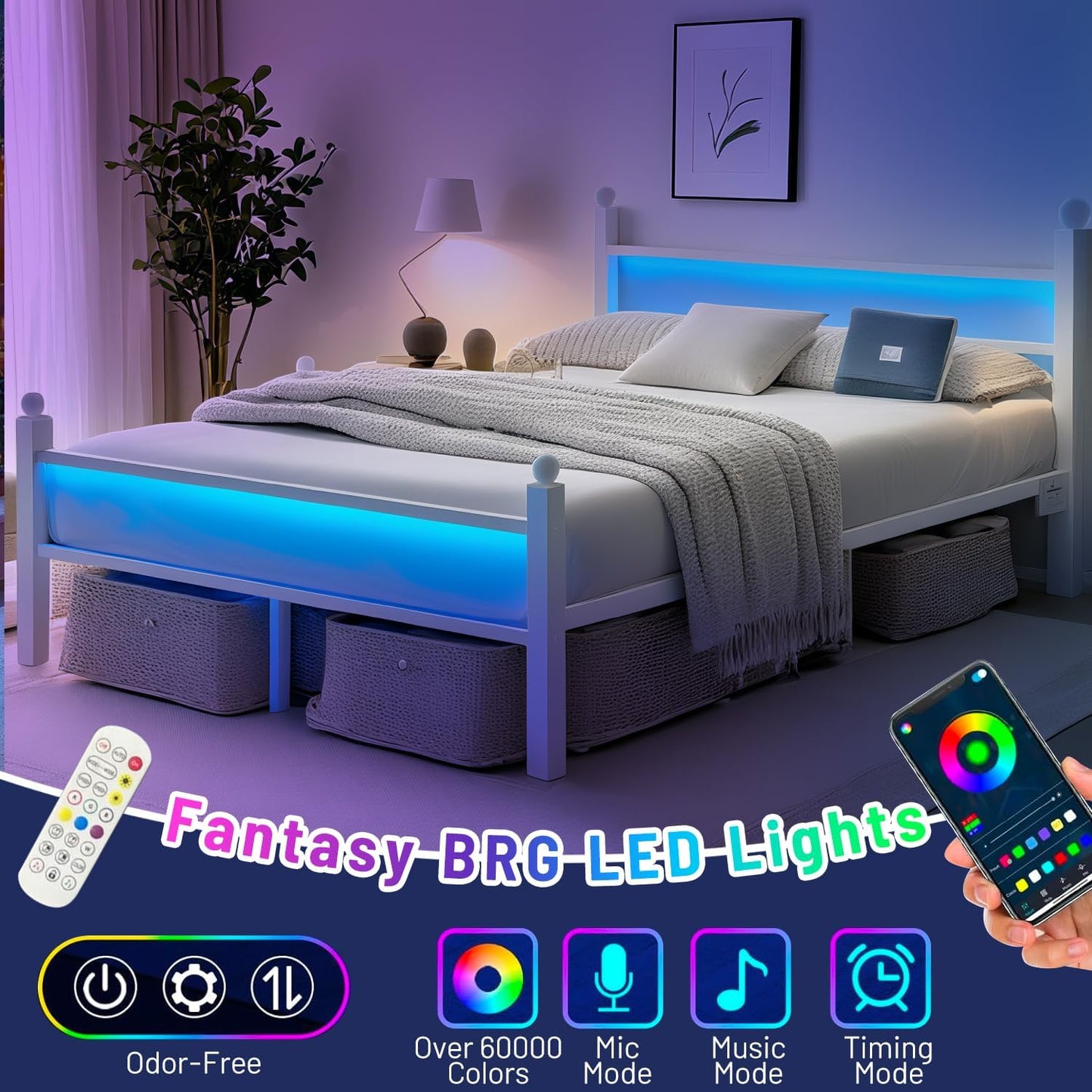 Full Size Bed Frame with Headboard and Footboard,Steel Slats Support-LED Bed Frame with USB Charging Station,Mattress Foundation-Under Bed Storage,No Box Spring Needed,Noise Free,White