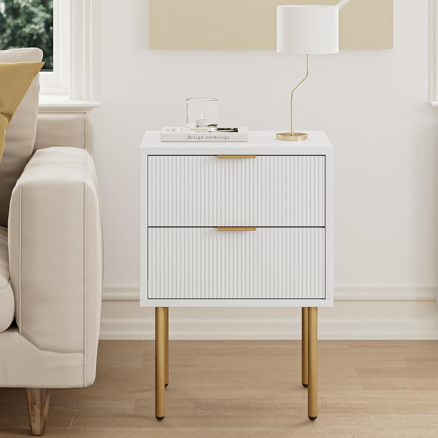 Masupu Nightstand,Mid-Century Modern Bedside Table with Storage Drawer and Open Wood Shelf,Small Gold Frame Side Table for Bedroom,Living Room,White