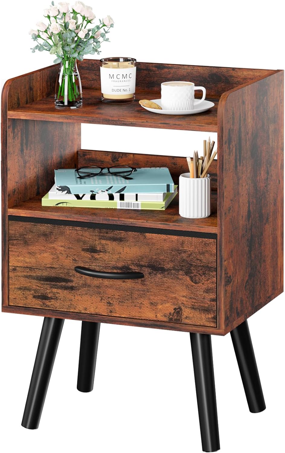 Yoobure Modern Nightstand with Drawer, Bedside Tables, Mid Century Nightstands with Open Storage Shelf, Wood Bedside Table, Small Night Stands for Bedrooms, 2-Tier Night Table