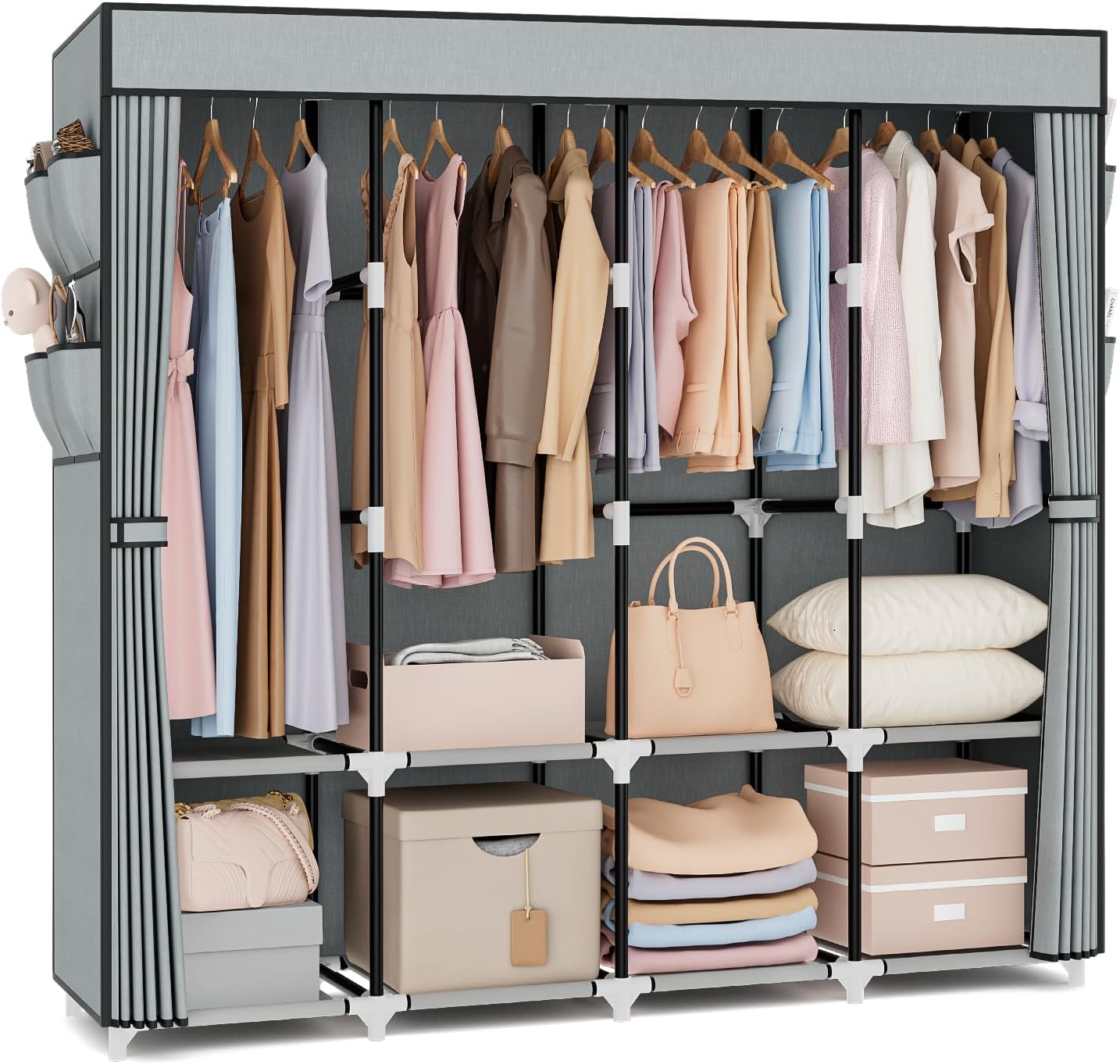 VTRIN Portable Closet for Hanging Clothes 67 Inch Wide Large Capacity Portable Wardrobe Closet with Cover, 4 Storage Shelves and 4 Hanging Rod Sturdy Free Standing Closet for Bedroom, Black