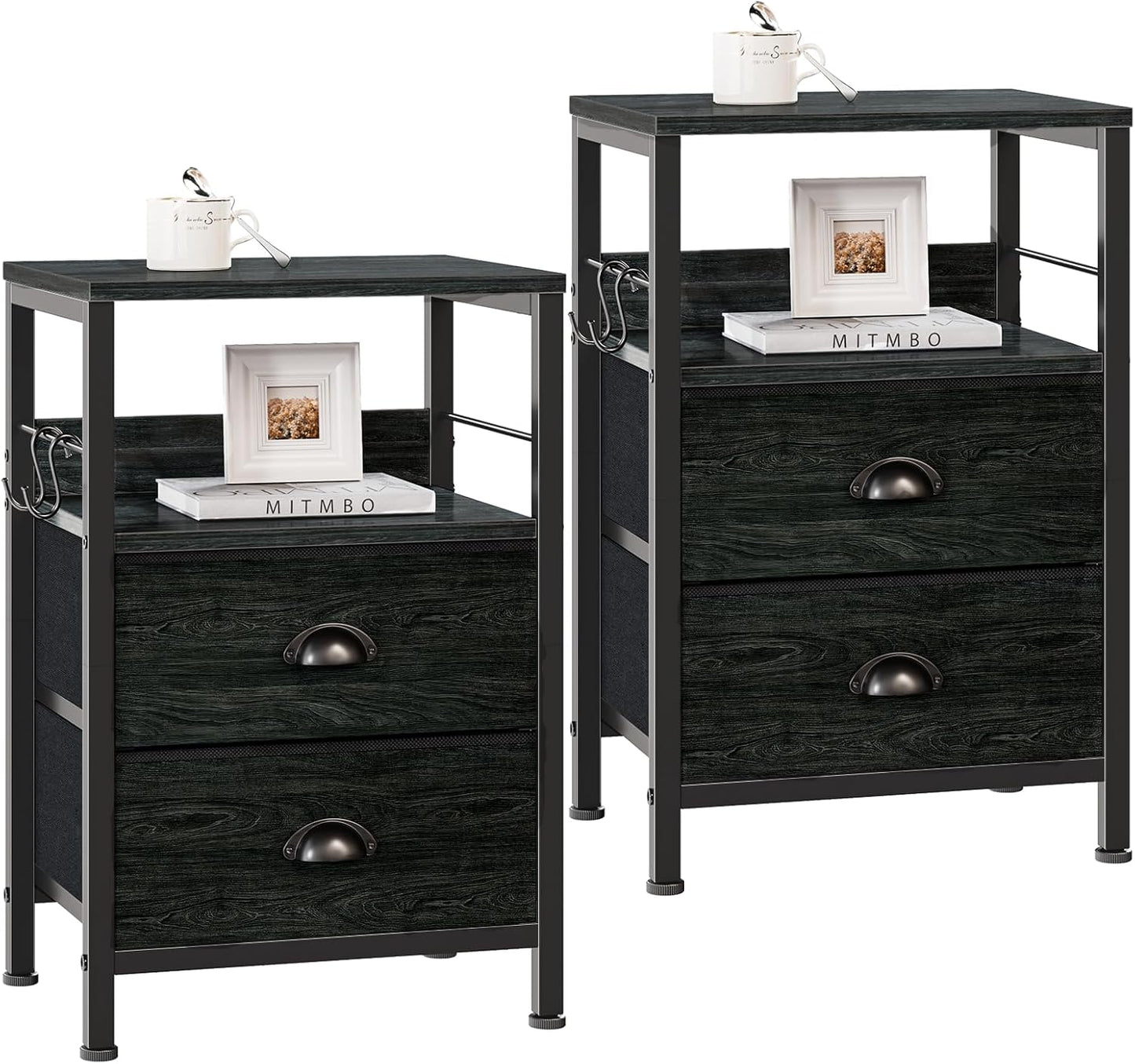 Furologee Nightstands Set 2, End Table with 2 Fabric Drawers, Bedside Table with 2 Hooks, Open Wood Shelf Side Sofa Table for Bedroom/Living Room/Hallway/White