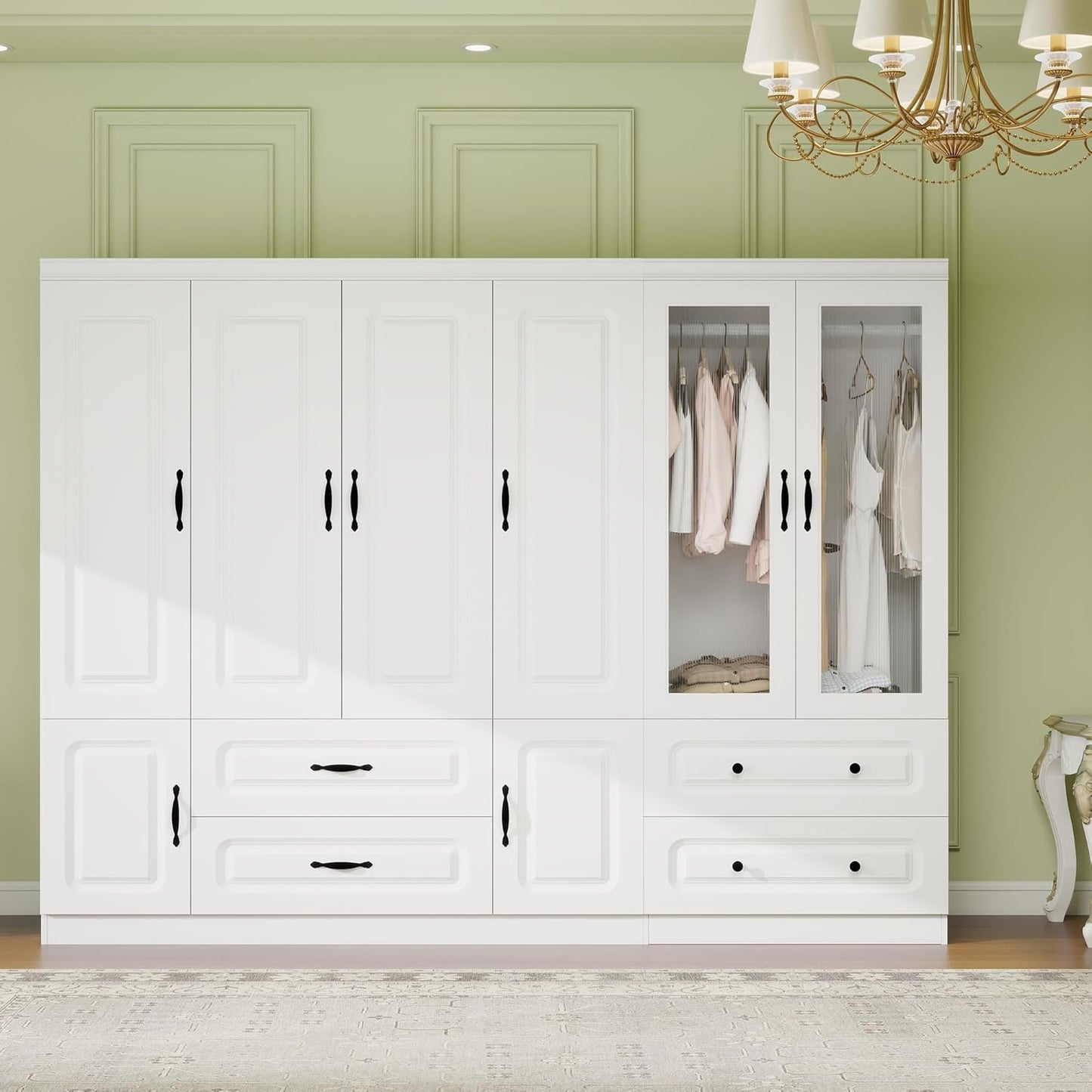 Wooden Armoire Wardrobe Closet：Large Wardrobe Closet with 4 Doors, 3 Drawers for Tall Cabinet, Wardrobe Cabinet for Bedroom with Hanging Rods, Golden Handle, White
