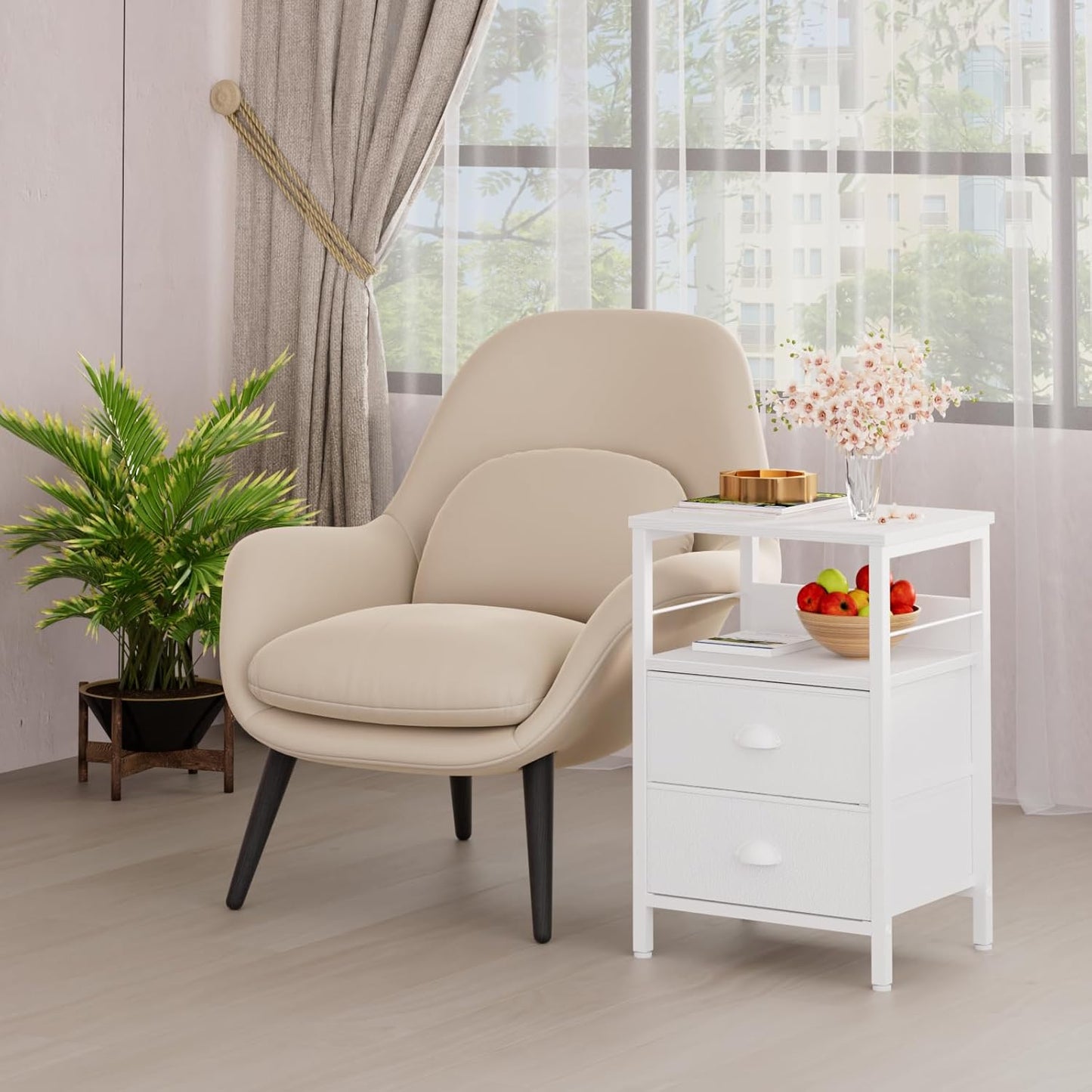 Furologee Nightstands Set 2, End Table with 2 Fabric Drawers, Bedside Table with 2 Hooks, Open Wood Shelf Side Sofa Table for Bedroom/Living Room/Hallway/White