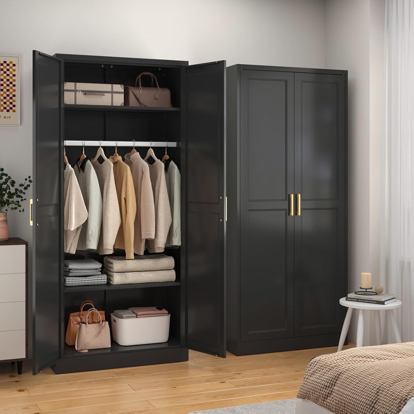 Metal Wardrobe Cabinet with Hanging Rod, 71" Tall Armoire Wardrobe Closet with 2 Doors and Adjustable Shelves, Black Clothing Storage Cabinets for Bedroom, Laundry Room, Cloak Room